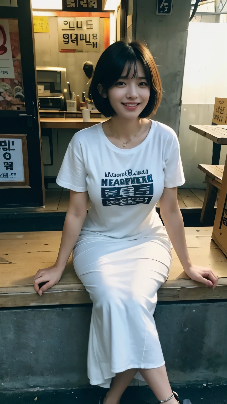 ((best quality, 8 thousand, masterpiece:1.3)), Concentrate upon: 1.2, bee waist, perfect body beauty:1.4, ((layered haircut:1.2)), Highly detailed face and skin texture, White skin, whole body, Looking at it, the gap is big., big bust, volume, laugh, beautiful teeth, bangs cut, (반팔 long dress t-shirt:1.3), Sagging breasts, big bust, dark night, (아무도 없는 dark night에 야외 포장마차에 테이블에 sit down:1.3), (Nakasu food stall:1.3), Outdoor food stalls, (sit down), (Sandal shoes), (alone:1.2), long dress t-shirt,