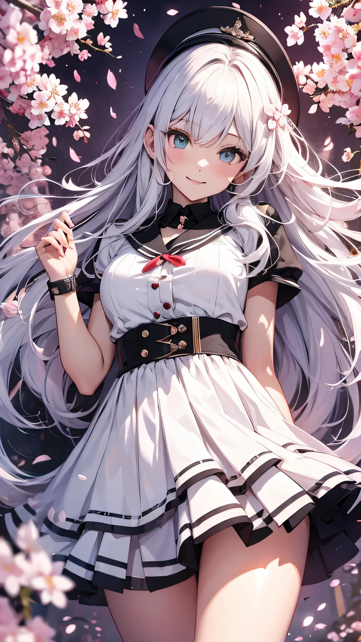 最high quality、best image quality、masterpiece、girl((18-year-old、 By becoming、vest bust、medium bust,wide open breast tea、shining eyes, silver hair、long hair、thin,highest valley、、white sailor suit、White short skirt、Wristband、smile、dance)),high quality、beautiful art、background((SakuraFubuki、Falling cherry blossoms、Cherry tree、beautiful park、square、Cherry Meadow))、Flight、debris flies、Depth of written boundary、movie、visual art、perfect art、8K,genuine、