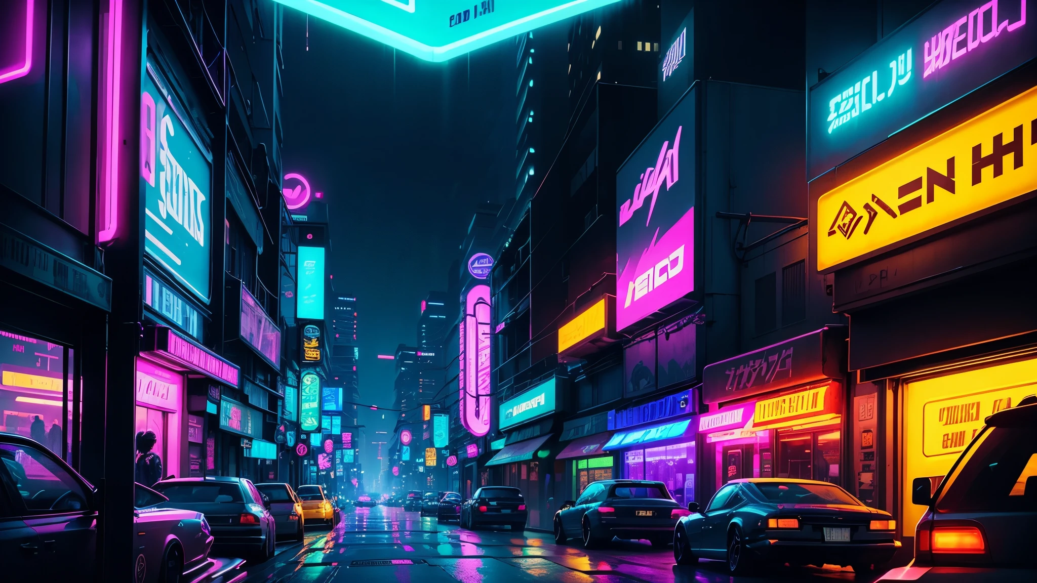neon city street with cars and neon signs at night, cyberpunk street, cyberpunk aesthetics, cyberpunk atmosphere, in cyberpunk city, cyberpunk city street, cyberpunk aesthetic, cyberpunk vibes, cyberpunk in a cyberpunk city, futuristic street, cyberpunk vibe, cyberpunk lights, cyberpunk night street