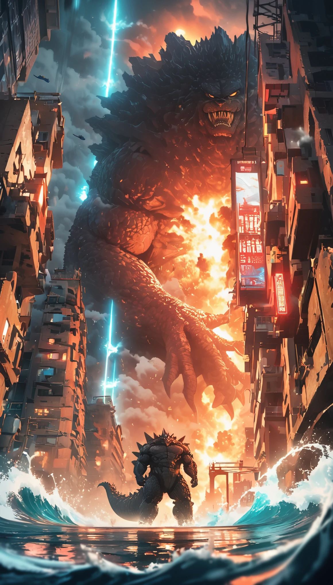 Flat coating，Vector illustration，Rich details，Angry super giant Godzilla in the city looking down at the city below，（（（The dorsal fin is filled with blue energy））），（（glow effect）），Huge waves hit the city，explode，Red light soars into the sky，Broken and collapsed building，standing water，stone，exposed steel bars，electric spark，shoulder level view，colorful，Rescue helicopters，depth of field，Movie lighting，Super fine