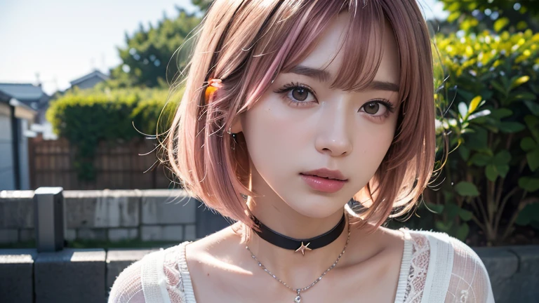 (bob cut hair, pink hair:1.2),(wearing a choker, wearing a blouse:1.2),1 girl,Japanese,21 years old,(small breasts:1.3),(highest quality,masterpiece:1.3,超A high resolution,),(Super detailed,caustics),(Photoreal:1.4,RAW shooting,)ultra-realistic capture,very detailed,High resolution 16K human skin close-up。 natural skin texture、,The pores are、、、、Must be detailed enough to be easily identified。 Skin should look even-toned and healthy。 Use natural light and color, sad expression, look at the camera, perfect dynamic composition, outdoor