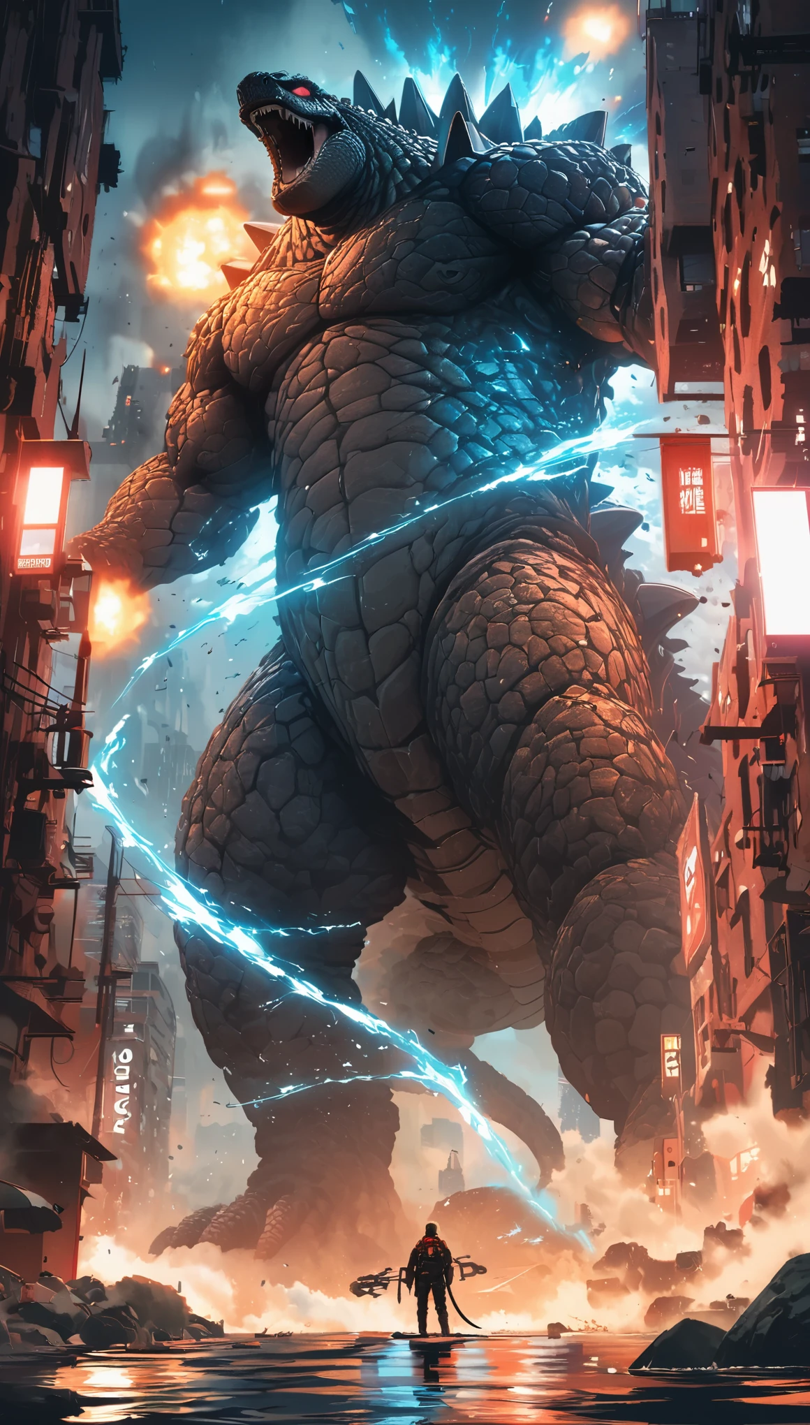 Flat coating，Vector illustration，Rich details，Angry super giant Godzilla in the city looking down at the city below，（（（The dorsal fin is filled with blue energy））），（（glow effect）），Huge waves hit the city，explode，Red light soars into the sky，Broken and collapsed building，standing water，stone，exposed steel bars，electric spark，shoulder level view，colorful，Rescue helicopters，depth of field，Movie lighting，Super fine