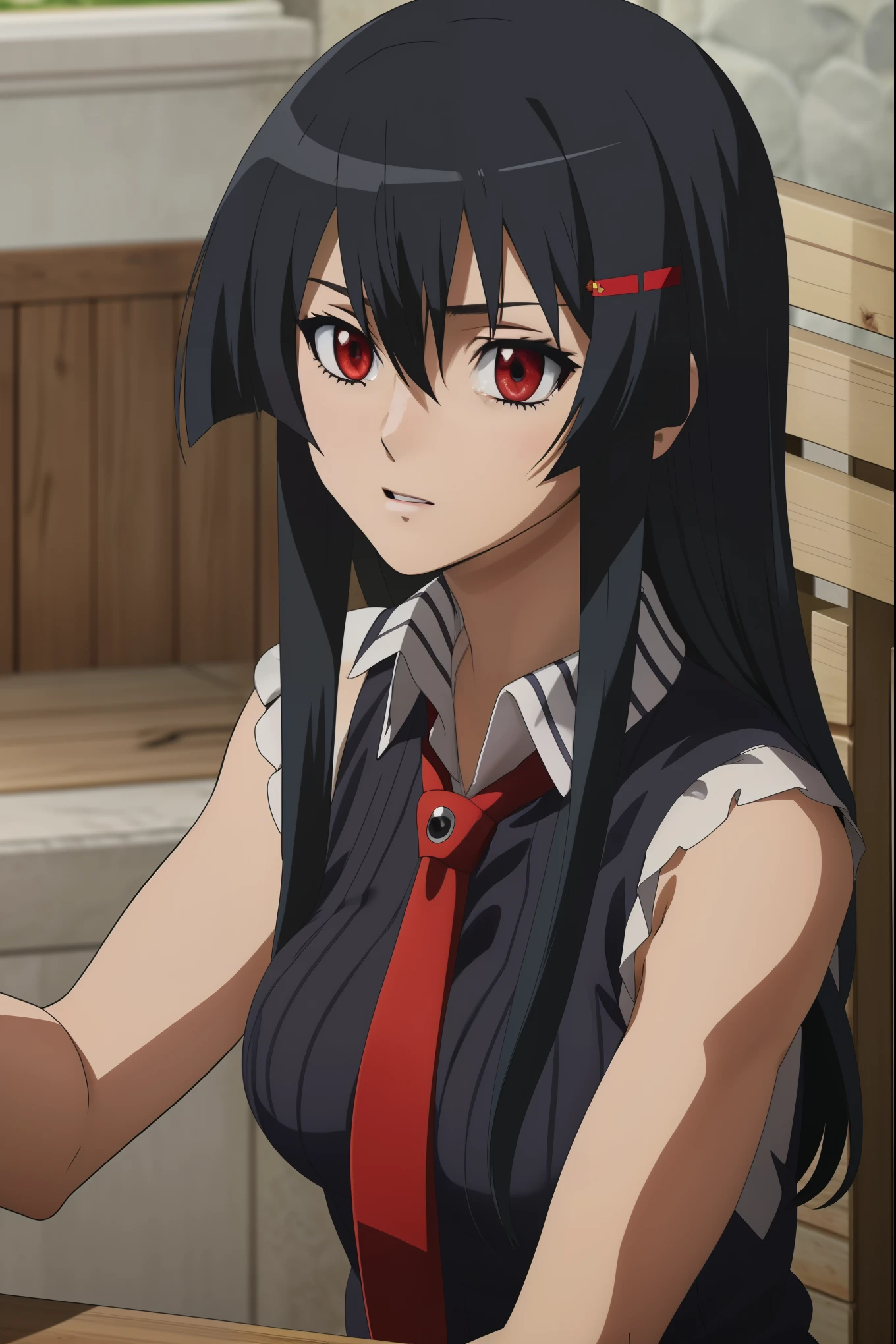 score_8_up, score_7_up, source_anime, Akame, 1girl, solo, black hair, long hair, (glowing red eyes:1.2),
BREAK (brown vest, shirt, hair ornament, , white shirt, short sleeves, necktie, scrunchie, red necktie, hair scrunchie:1.2),
BREAK sitting,
BREAK (masterpiece:1.2), best quality, high resolution, unity 8k wallpaper, (illustration:0.8), (beautiful detailed eyes:1.6), extremely detailed face, perfect lighting, extremely detailed CG, (perfect hands, perfect anatomy),perfect face,