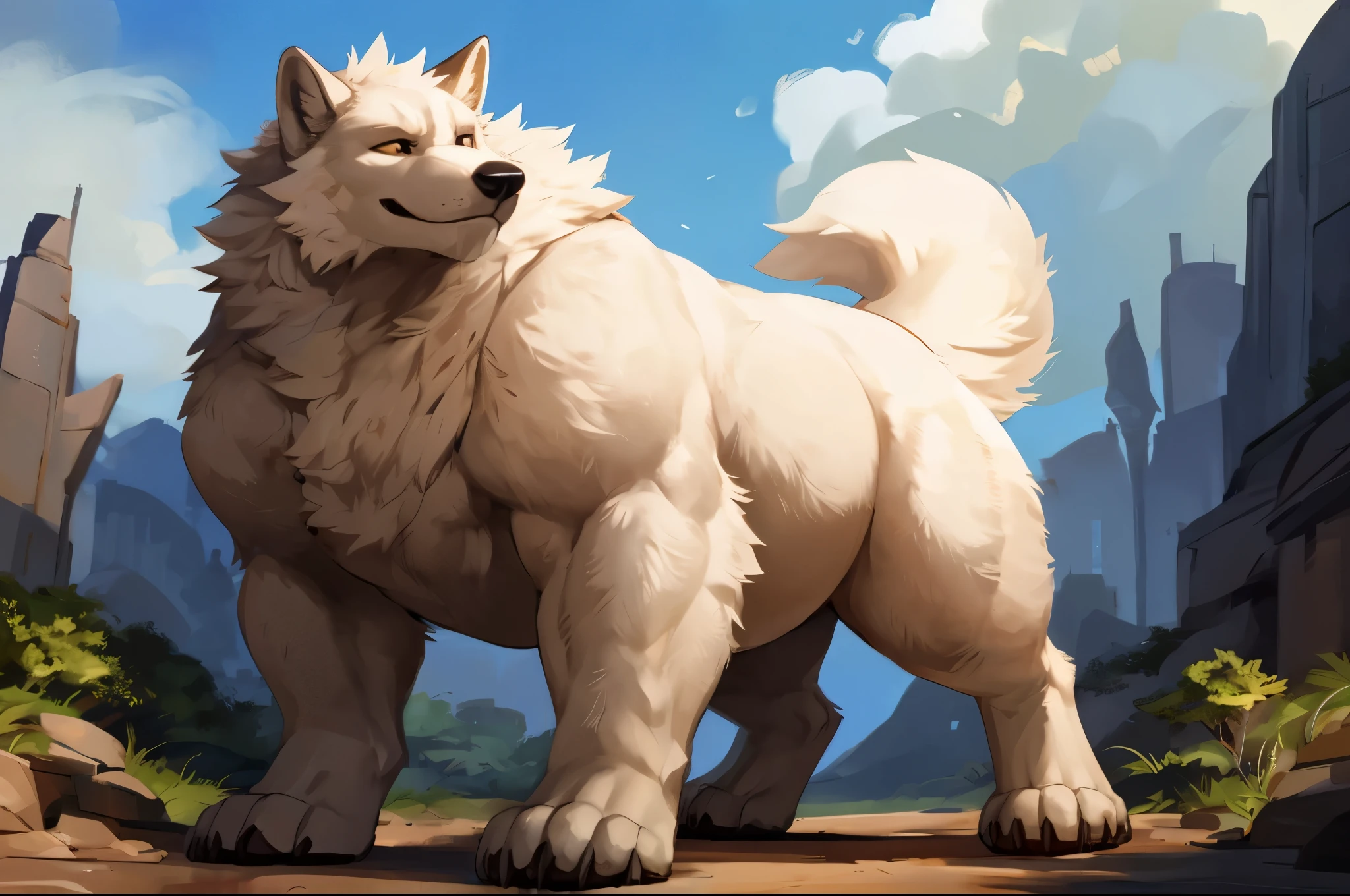 4k ultra quality, 4k full body view,(ultra high detailed body),strong wolf,dire wolf, detailed body,by mystikfox61, by glitter trap boy,feral paws, by bebebebebe,by morethreedee, by seibear,(thick thigh),(chubby thigh),thicc thigh,thick legs,chubby legs,thicc legs,massive butt,enomorous thigh,massive thigh,massive legs,thick lower legs,wide legs,(detailed thigh),(wide thigh),fluffy belly,hyper belly,sharp nails,((sfw)),(ultra detailed face),detailed eyes,big tail,fluffy tail,(detailed tail),enomorous tail,bigger tail,huge tail,volumetric light,muscle legs,big paws,(thick paws),fluffy paws,furry paws,enomorous paws,(animal focus), beast,standing,(bigger lower body),strong lower body,(long legs),front view,master works, super fine, 4k resolution, high quality,high picture detail,dark fantasy,illusory engine, Masterpiece,feral body,muscular feral,faint lighting,feral belly,shiny fur,macro,giga