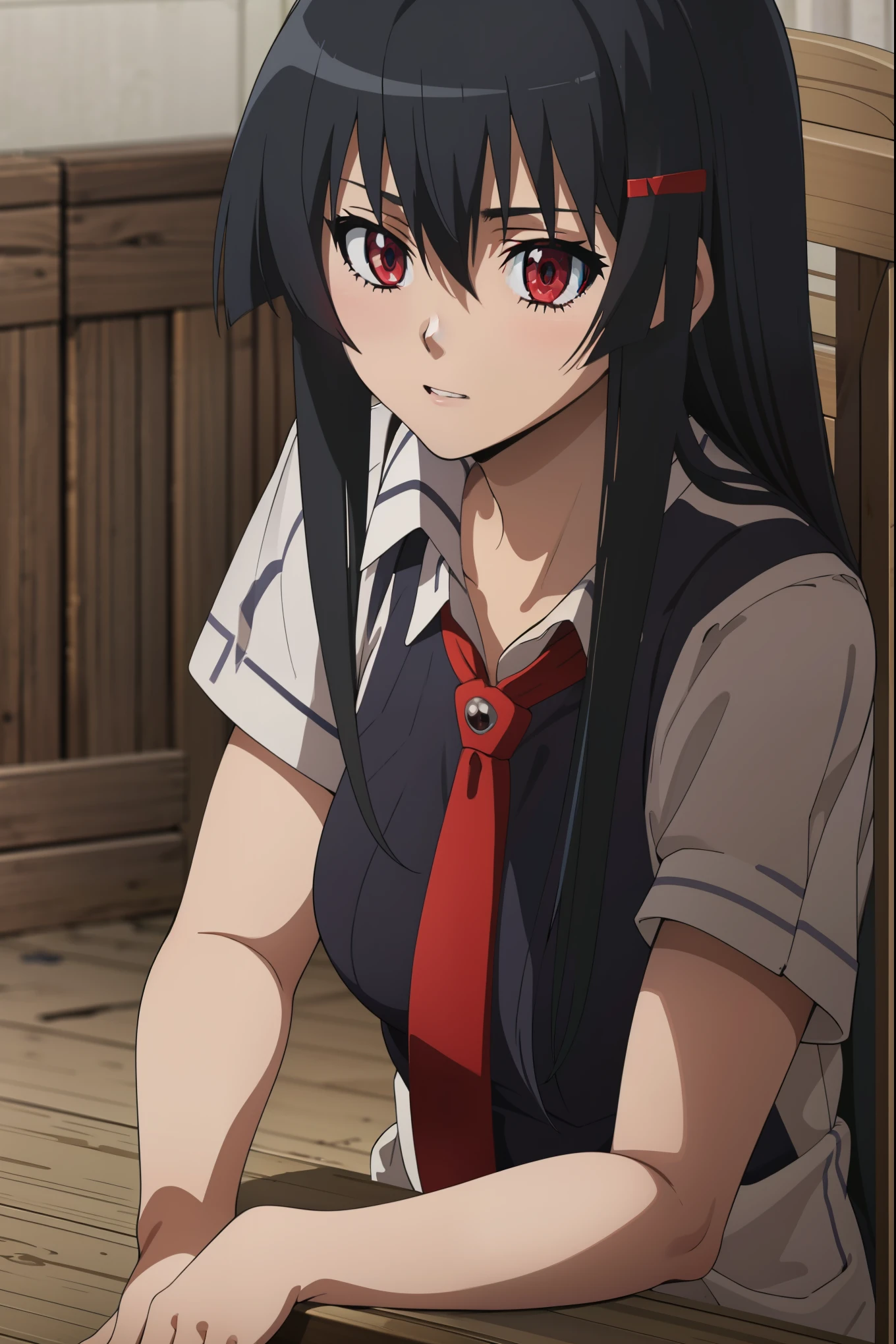 score_8_up, score_7_up, source_anime, Akame, 1girl, solo, black hair, long hair, (glowing red eyes:1.2),
BREAK (brown vest, shirt, hair ornament, , white shirt, short sleeves, necktie, scrunchie, red necktie, hair scrunchie:1.2),
BREAK sitting,
BREAK (masterpiece:1.2), best quality, high resolution, unity 8k wallpaper, (illustration:0.8), (beautiful detailed eyes:1.6), extremely detailed face, perfect lighting, extremely detailed CG, (perfect hands, perfect anatomy),perfect face,