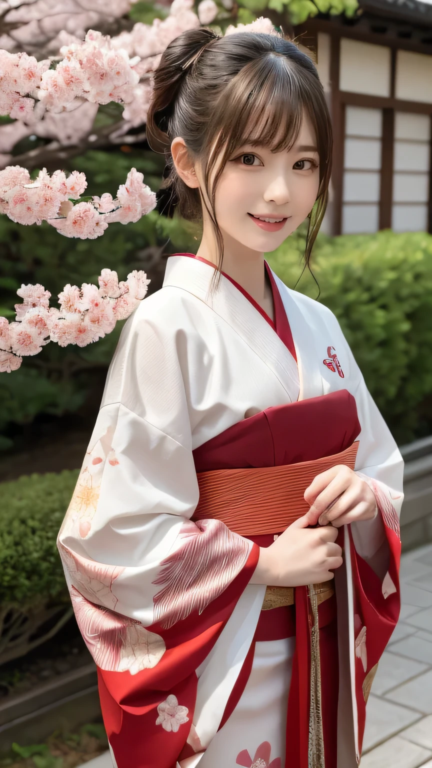 ff7 aerith,In a futuristic scene, Mechanically enhanced Japanese geisha、Elegant in an elaborate garden. She has beautifully detailed eyes and lips that complement her face. Geishas wear traditional kimonos with intricate patterns and designs.。.。.。14 year old girl.. Around her are bright cherry blossoms and a quiet carp pond. The scenes are drawn using a combination of illustration and photorealism, cherry blossoms吹雪,Highly detailed brush strokes and sharpness, bright colors. Lighting that highlights the graceful figure of a geisha, Gives your skin a soft porcelain-like shine。. Artwork is of the highest quality, Displaying the exquisite details of geisha costumes, cherry blossoms, With sparkling carp scales. The overall color scheme is、、、、traditional Japanese color combinations, crimson, wait., black people, With subtle gold accents, with a futuristic twist. Fusion of ancient tradition and modern technology、、Create mesmerizing and visually impressive masterpieces.The background is a traditional Japanese design in bright red and white.、random pose、I'laughing、Kimono with delicate pattern、exciting pose