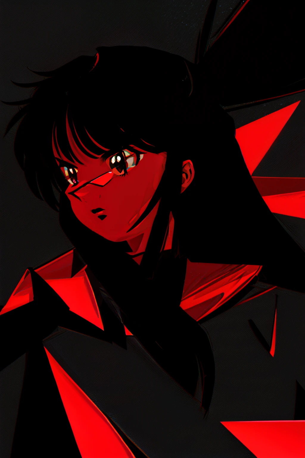 a 1girl, body complet, very detail, a lot of details, very extremely beautiful, ((masterpiece, minimalism)), (long black Hair), black necktie, (red shirt), Dark colors, looks into space