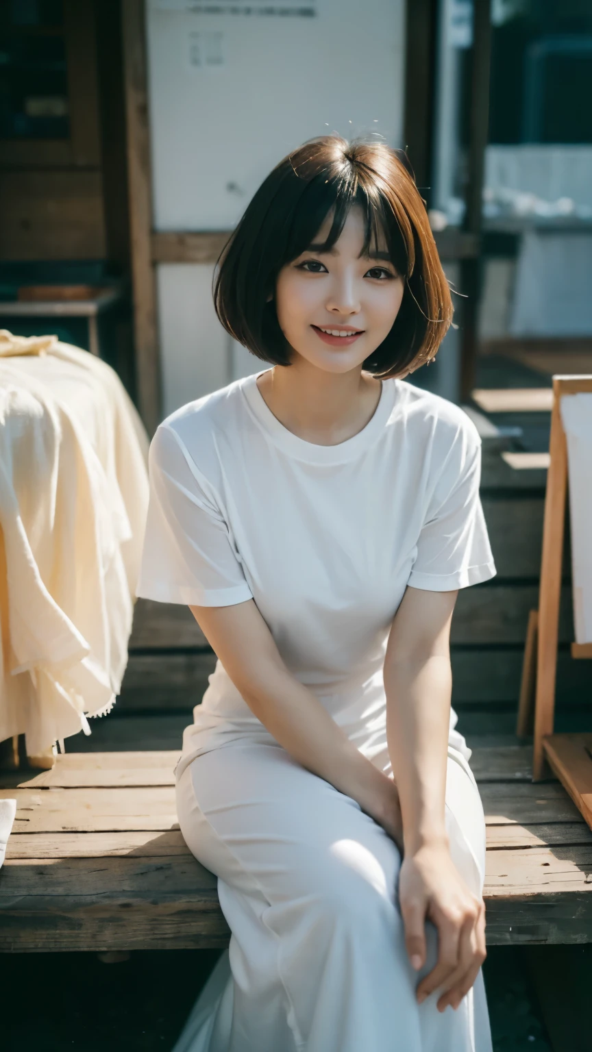 ((best quality, 8 thousand, masterpiece:1.3)), Concentrate upon: 1.2, bee waist, perfect body beauty:1.4, ((layered haircut:1.2)), Highly detailed face and skin texture, White skin, whole body, Looking at it, the gap is big., big bust, volume, laugh, beautiful teeth, bangs cut, (반팔 long dress t-shirt:1.3), Sagging breasts, big bust, dark night, (아무도 없는 dark night에 야외 포장마차에 테이블에 sit down:1.3), (Nakasu food stall:1.3), Outdoor food stalls, (sit down), (Sandal shoes), (alone:1.2), long dress t-shirt,