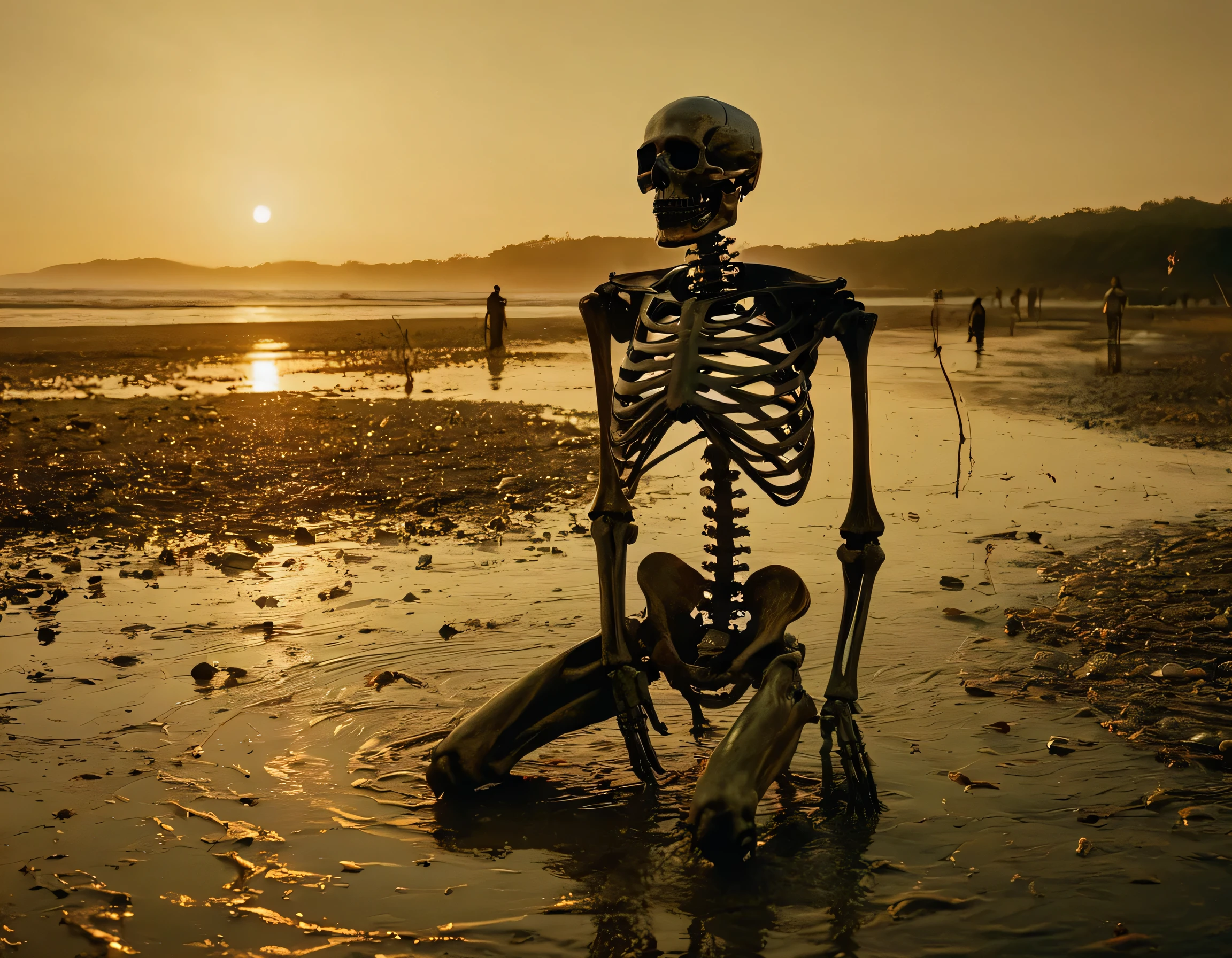 NSFW (nude) (male skeleton with white penis) full body, standing on a deserted beach