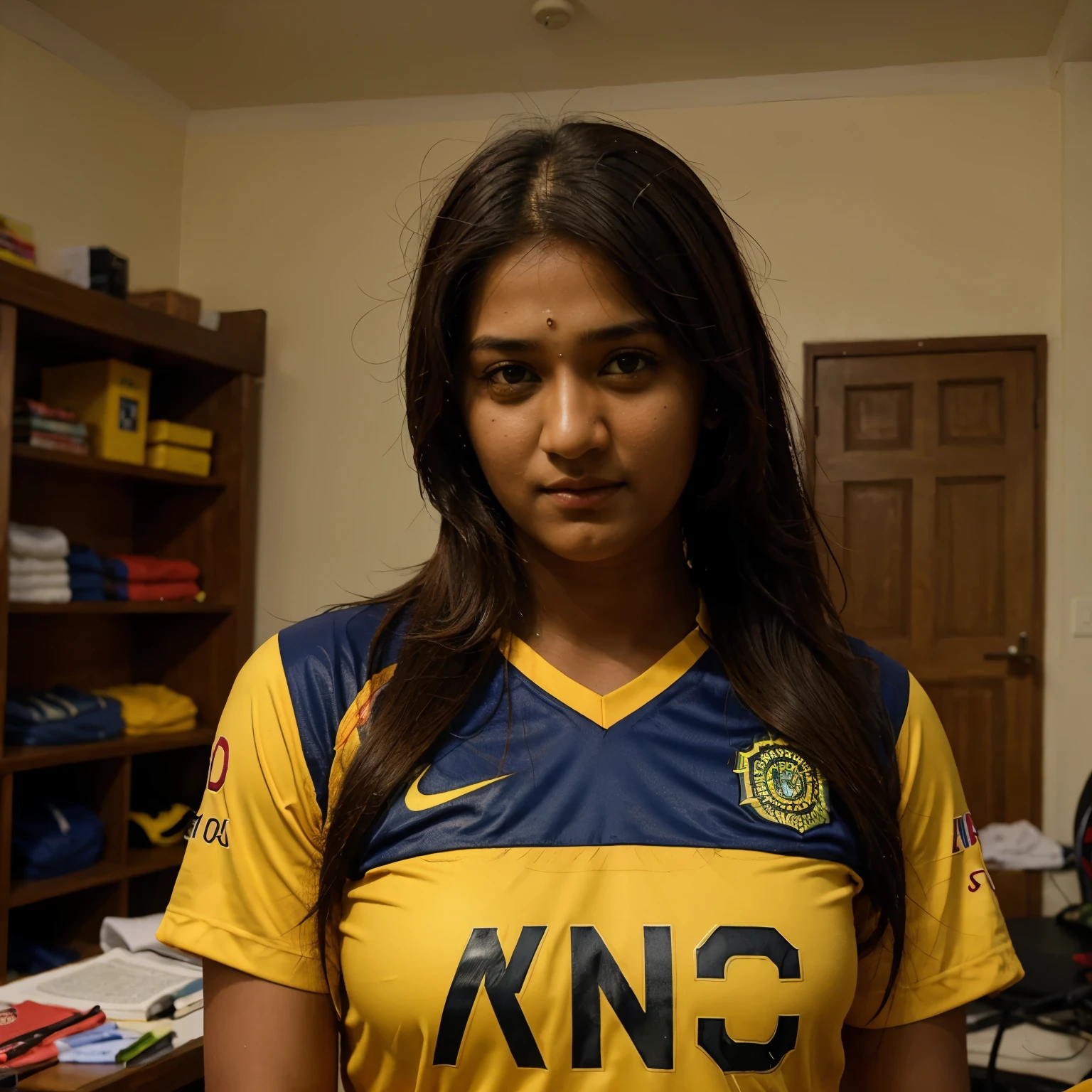 A girl with Ms dhoni CSK Jersey on girl write name tripura 