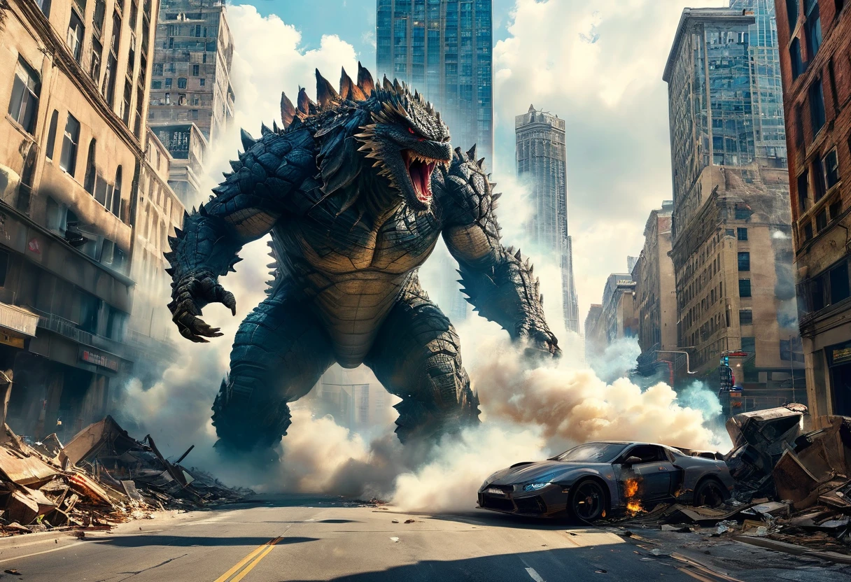 Create an image of Godzilla, the iconic giant monster, wreaking havoc in a bustling metropolis. Imagine towering skyscrapers being dwarfed by Godzilla's immense size as it stomps through the streets, with terrified civilians fleeing in panic. Capture the chaos and destruction as buildings crumble under Godzilla's powerful footsteps, with billowing smoke and debris filling the air. Show the raw power and ferocity of this legendary creature as it dominates the urban landscape, leaving a trail of destruction in its wake.