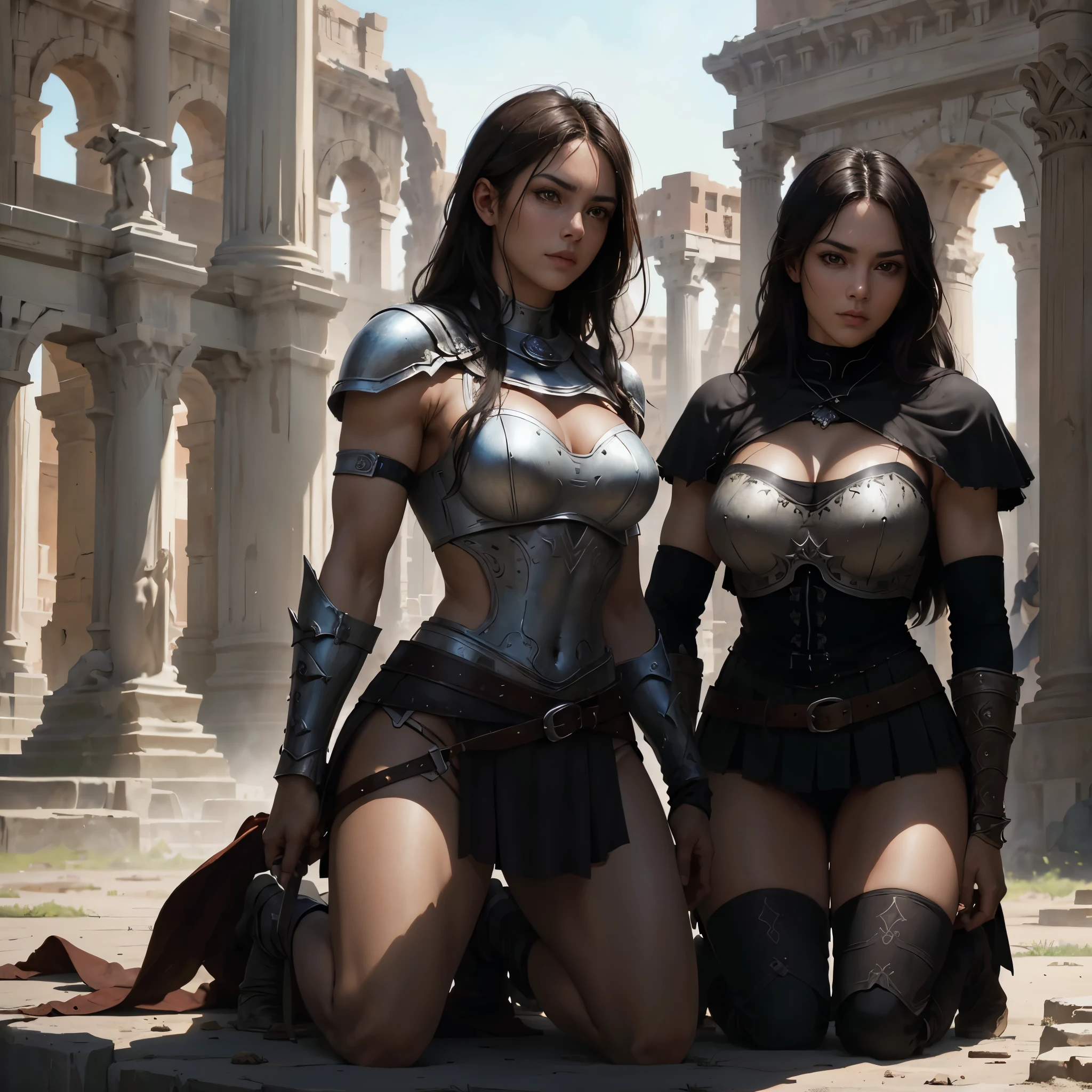 (RAW photo), (Realistic), (photo-realistic), ultra high resolution, masterpiece, highest quality, portrait, facial portrait, perfect lighting, detailed lighting, dramatic shadow, ray tracing, 1 man, ((the man is standing)), tall and muscular man, broad shoulders, (((good looking))), very short hair, gray hair, brown eyes, square jaw, thick neck, thick eyebrows, the high noon view of the ancient Rome Arena background, ((wearing a ancient Executioners costume)), 1 beautiful girl, ((girl kneeling beside)), ((slave girl)), 2 shot,