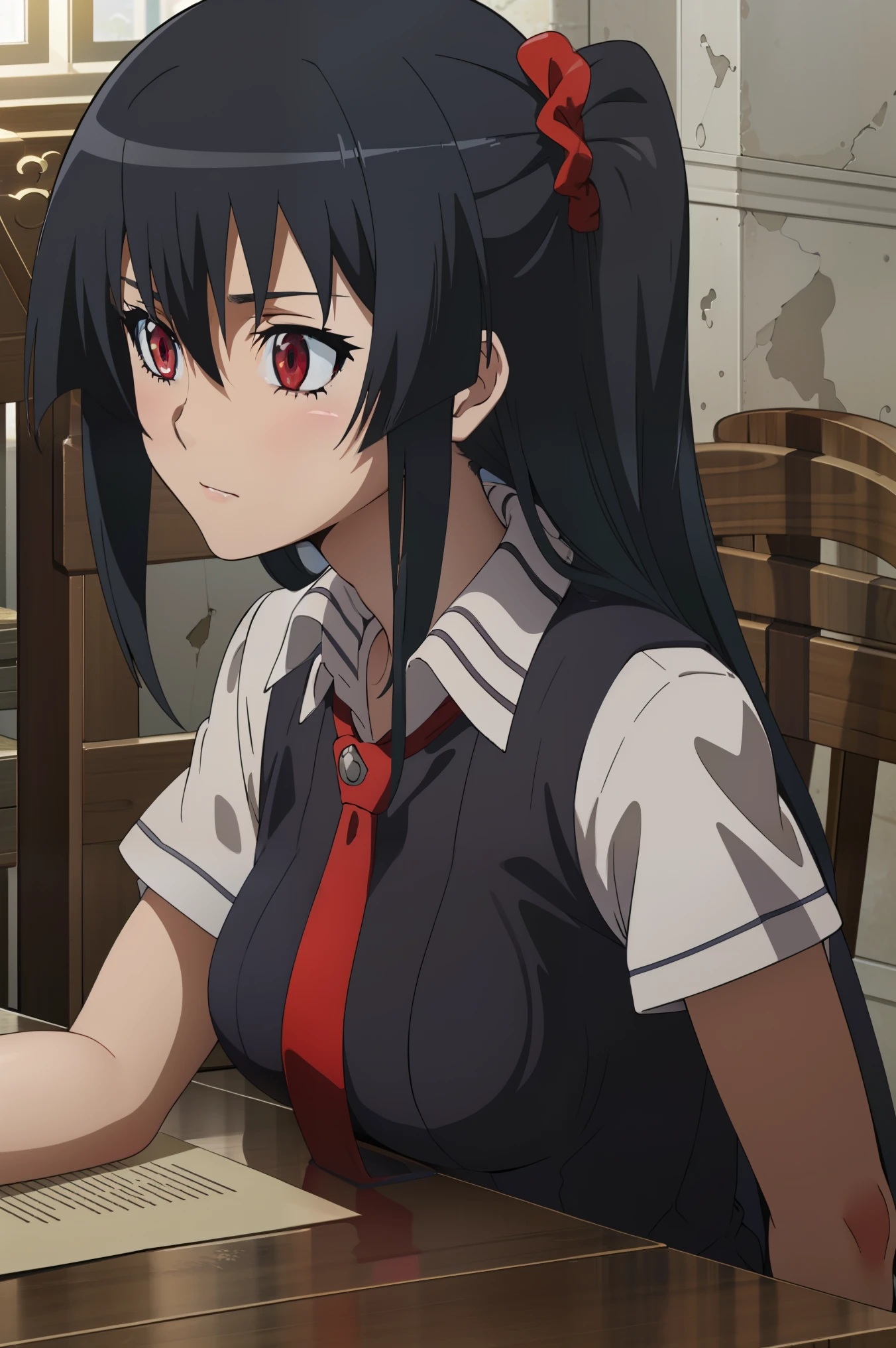 score_8_up, score_7_up, source_anime, Akame, 1girl, solo, black hair, long hair, (glowing red eyes:1.2),
BREAK (brown vest, shirt, hair ornament, , white shirt, short sleeves, necktie, scrunchie, red necktie, hair scrunchie:1.2),
BREAK sitting,
BREAK (masterpiece:1.2), best quality, high resolution, unity 8k wallpaper, (illustration:0.8), (beautiful detailed eyes:1.6), extremely detailed face, perfect lighting, extremely detailed CG, (perfect hands, perfect anatomy),perfect face,