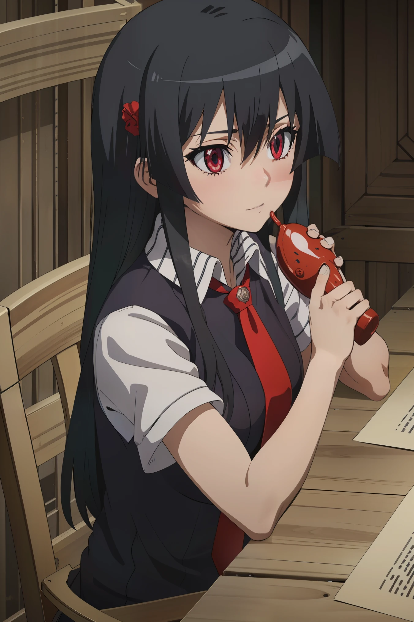 score_8_up, score_7_up, source_anime, Akame, 1girl, solo, black hair, long hair, (glowing red eyes:1.2),
BREAK (brown vest, shirt, hair ornament, , white shirt, short sleeves, necktie, scrunchie, red necktie, hair scrunchie:1.2),
BREAK sitting,
BREAK (masterpiece:1.2), best quality, high resolution, unity 8k wallpaper, (illustration:0.8), (beautiful detailed eyes:1.6), extremely detailed face, perfect lighting, extremely detailed CG, (perfect hands, perfect anatomy),perfect face,