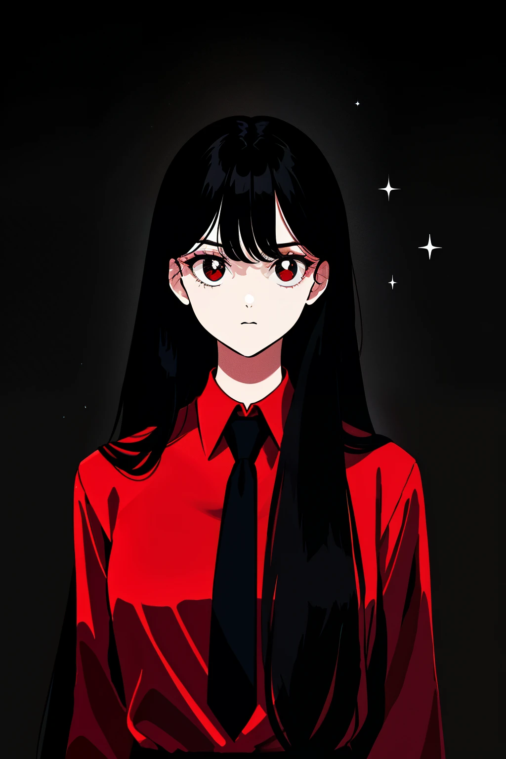 a 1girl, body complet, very detail, a lot of details, very extremely beautiful,  ((masterpiece, minimalism)), (long black Hair), black necktie, (red shirt), Dark colors, looks into space