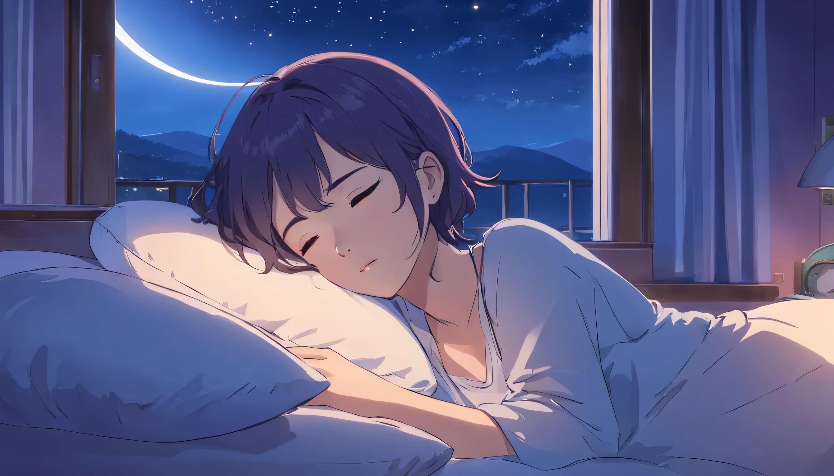 (masterpiece) a girl (woman) sleeping in bed, on her bed, wearing headphones,  Window showing moon and stars, calm, peaceful, thinking, ish, color grading, Nice color coding,