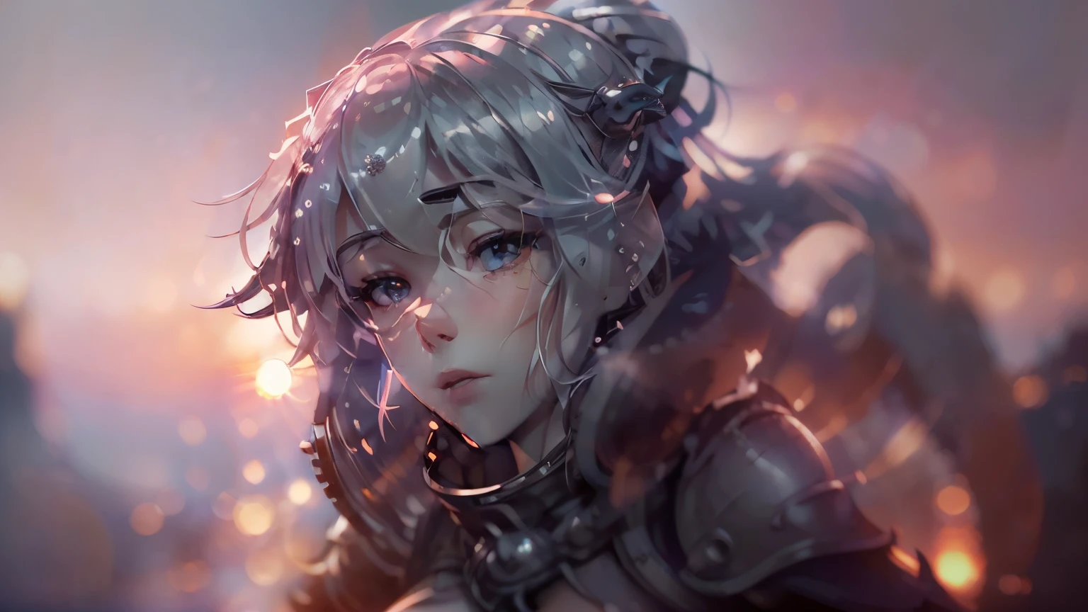 (8K, best quality, masterpiece:1.2), (actual, photo-actual:1.37), Portrait of a girl, pretty face, most beautiful in the world, upper body, outdoors, intense sunlight, distant castle, professional photo of a stunning woman detailed, sharp focus, dramatic, award-winning, cinematic lighting, Unreal Engine Octane render, (film grain, blurred background, foreground blur, bokeh, depth of field, sunset, motion blur:1.3), chainmail, silver hair, young woman, 18 years old, cold white skin, blue eyes, head with two ghost horns, similar to goat horns, perfect breasts, Fantasy style plate armour