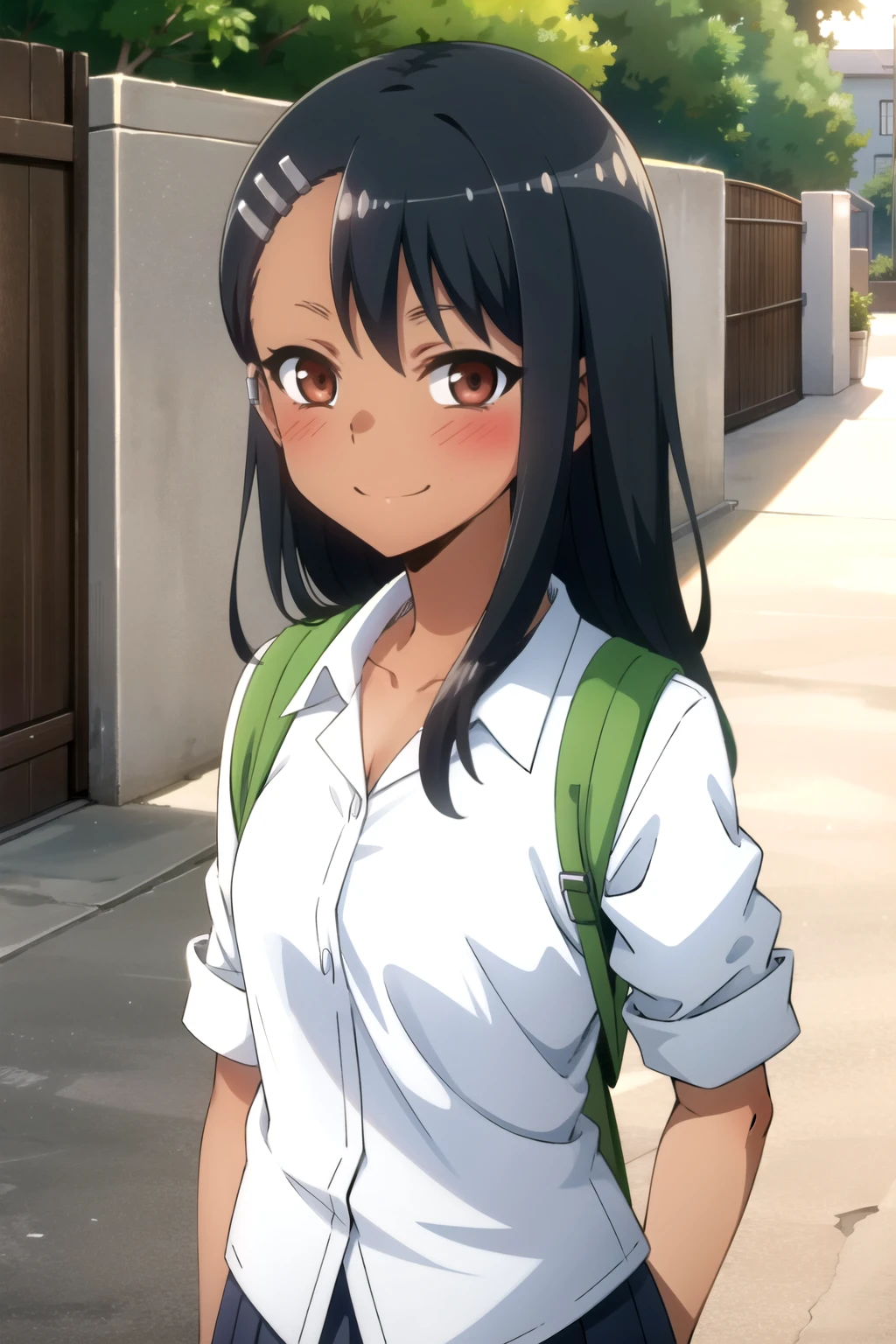 tall body, tall, long legs, mature female, mature, adult, Eft_Nagatoro_Main, nagatoro hayase, 1girl, blush, solo, shirt, black hair, bag, brown eyes, hair ornament, looking at viewer, hairclip, outdoors, backpack, smile, long hair, white shirt, dark-skinned female, dark skin, , bangs, day, skirt, collared shirt, collarbone, earclip, sleeves rolled up, closed mouth, tree, asymmetrical bangs, upper body