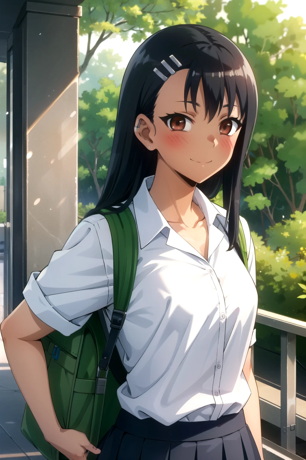 tall body, tall, long legs, mature female, mature, adult, Eft_Nagatoro_Main, nagatoro hayase, 1girl, blush, solo, shirt, black hair, bag, brown eyes, hair ornament, looking at viewer, hairclip, outdoors, backpack, smile, long hair, white shirt, dark-skinned female, dark skin, , bangs, day, skirt, collared shirt, collarbone, earclip, sleeves rolled up, closed mouth, tree, asymmetrical bangs, upper body