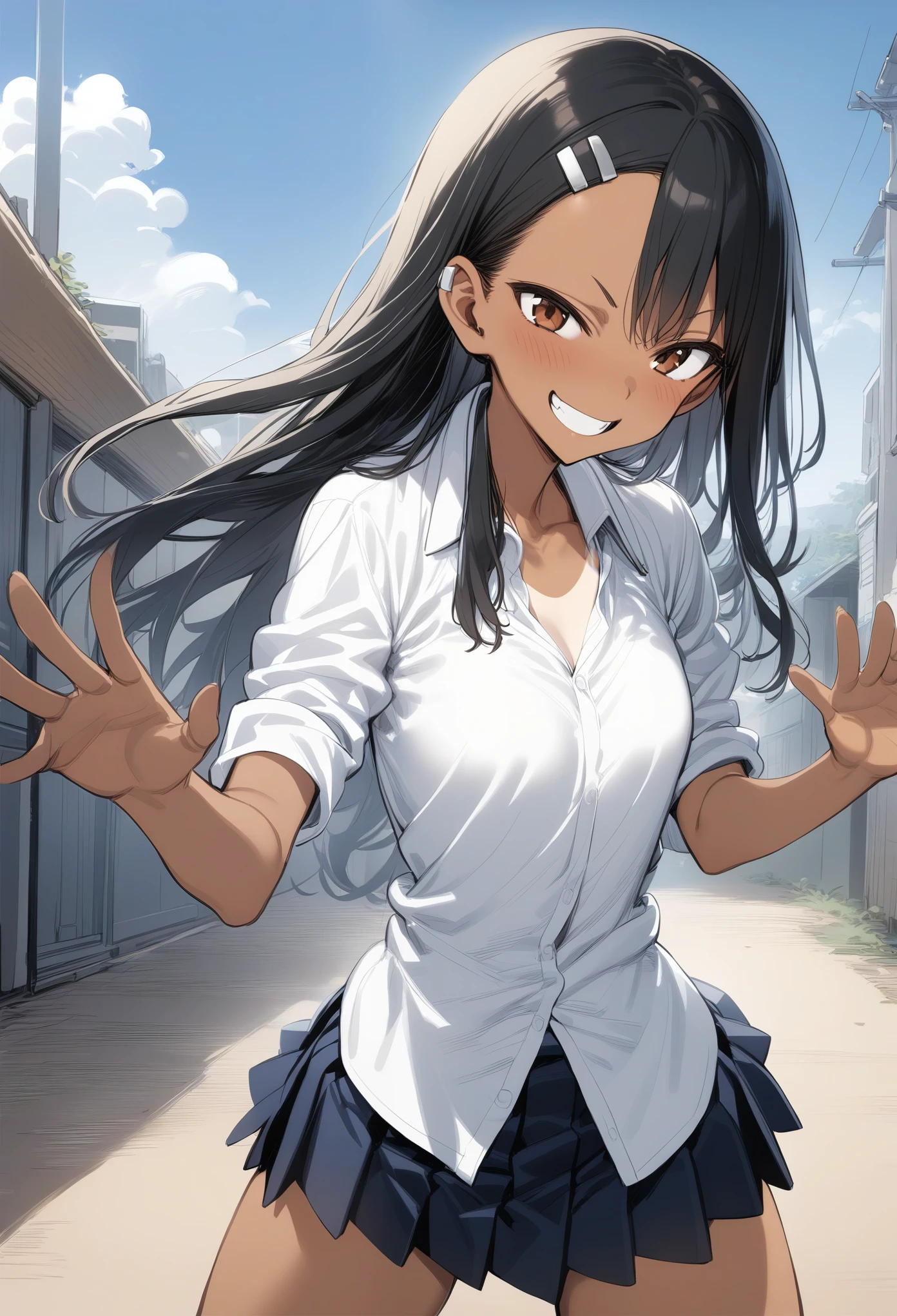 1girl, solo, 
nagatoro_hayase, brown eyes, black hair, long hair, dark skin, dark-skinned female, tan, tanlines, hairclip, , white shirt, collared shirt, pleated skirt,cowboy shot, outdoors, grin, fighting stance, (hands open:1.4),, best quality, masterpiece,