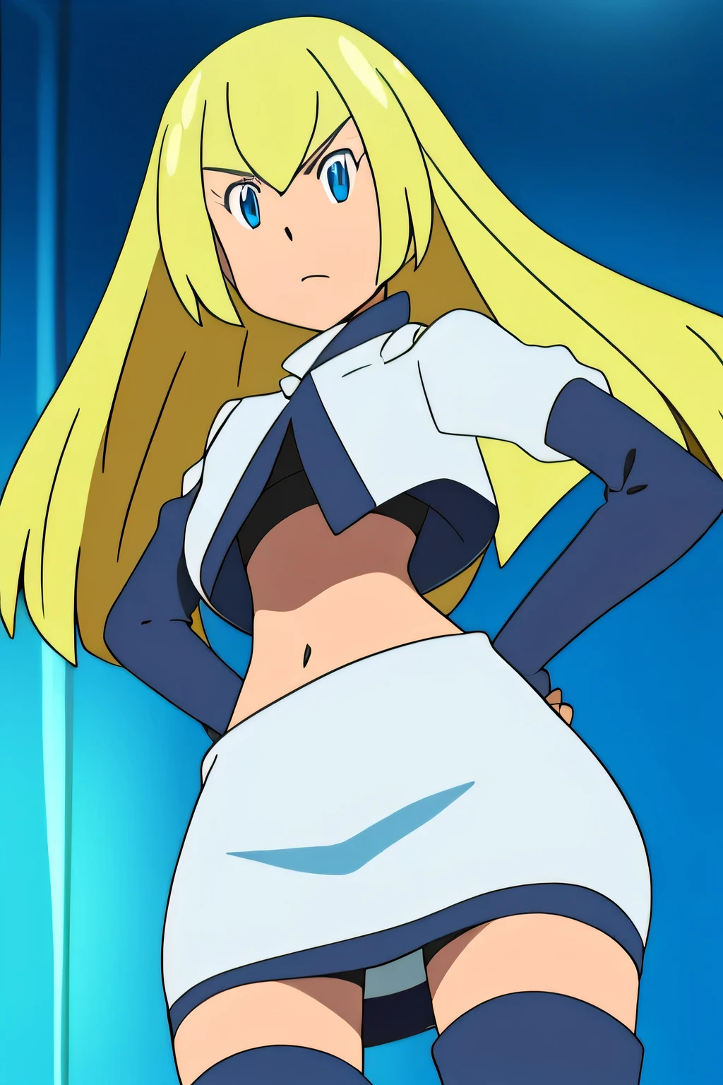 8k, masterpiece,highres,team rocket uniform, red letter r, white skirt,white crop top,black thigh-high boots, black elbow gloves, glaring angrily, looking down at viewer, hands on hips, cowboy shot, zettai ryouiki,from below, black panties,anime style, vivid colors, sharp focus, intense lighting,colette brunel