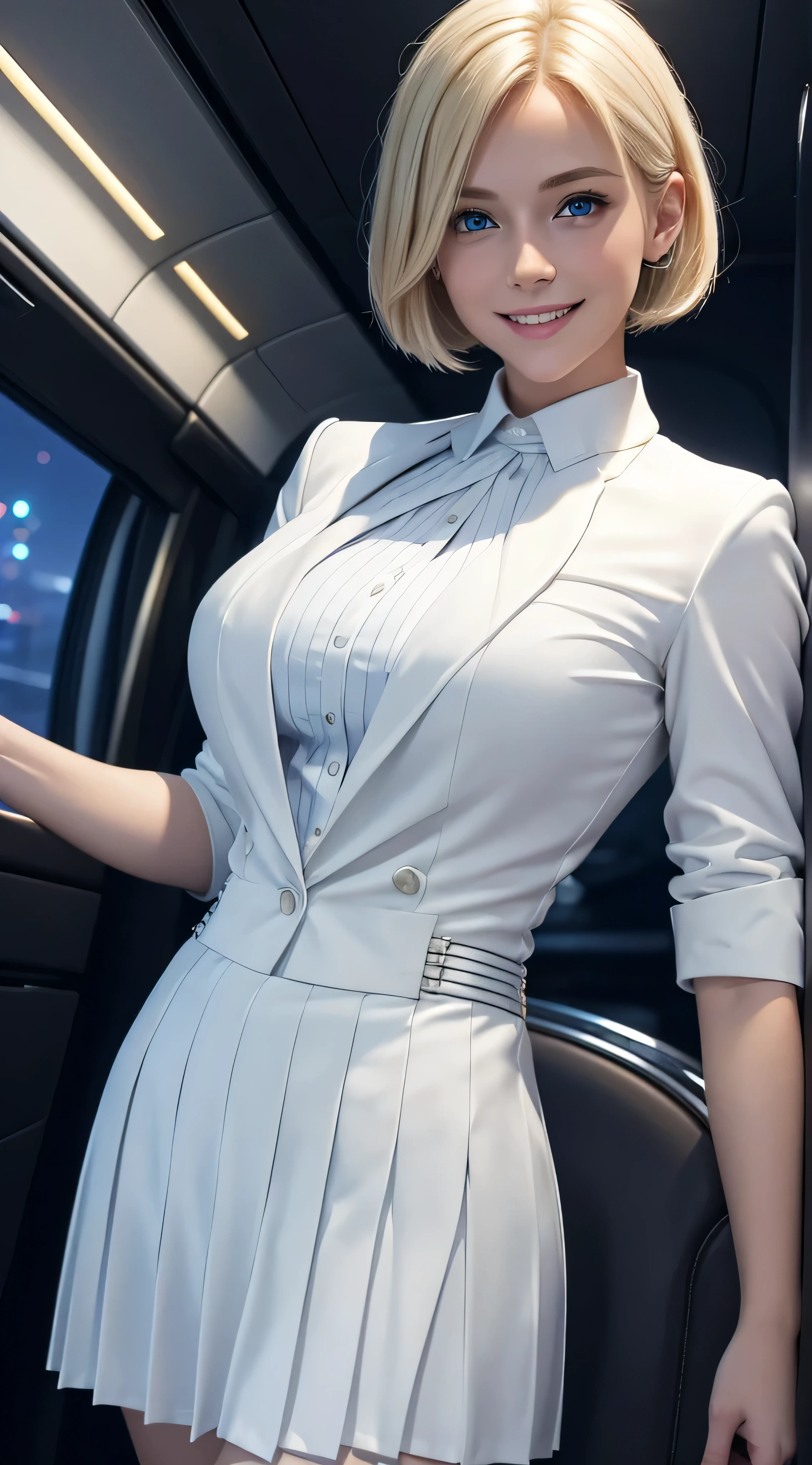 Young blonde with blue eyes and short straight hair , she is wearing,wearing a white blouse, Smooth white tight suit suit check pleated pleated skirt、,she is smiling, She is showing her teeth, night view, better quality, masterpiece, 8K, cinematic lighting, Award-winning work.On board a private jet, indoor, highly detailed background