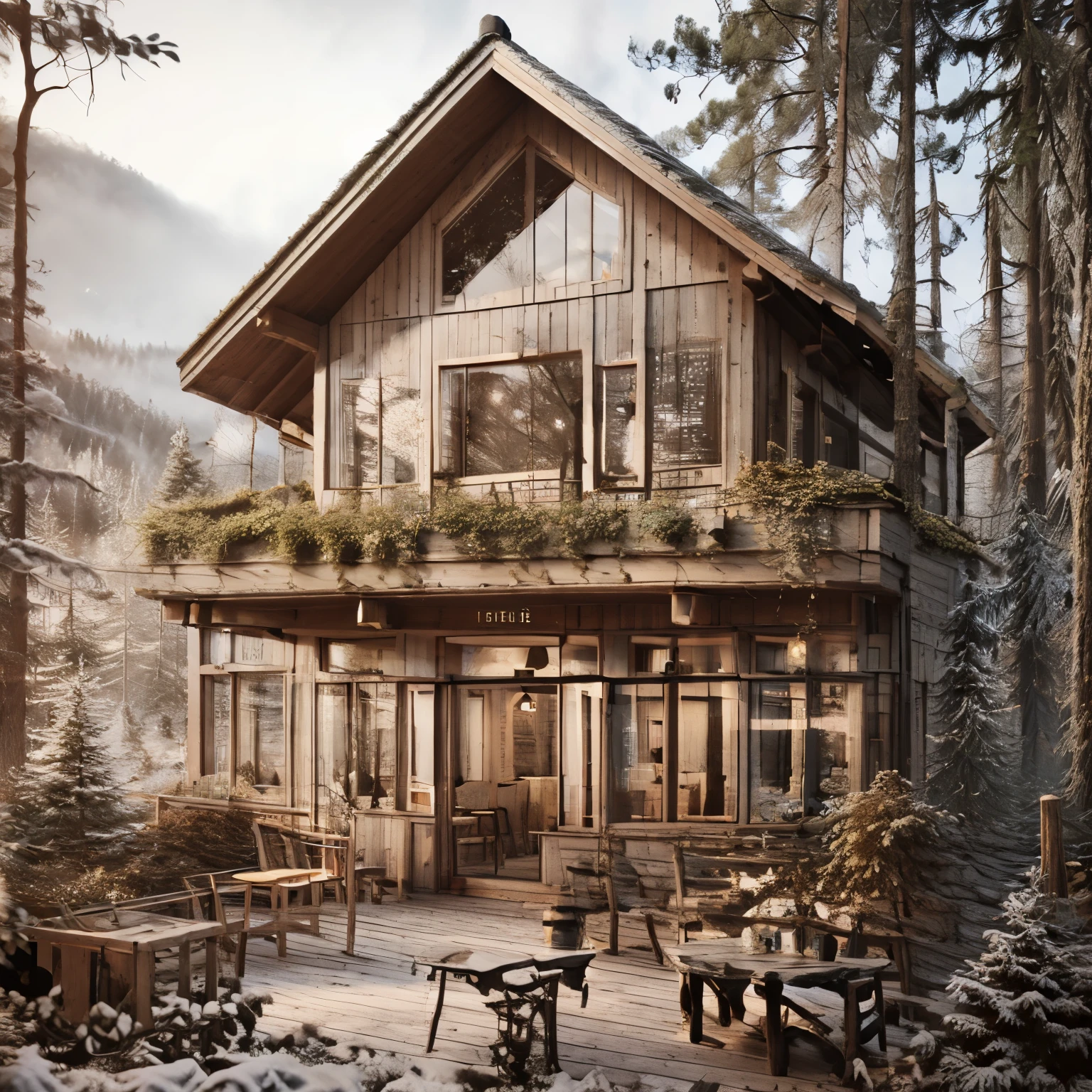 a close up of a wooden building with tables and chairs, peaceful wooden mansion, wooden house, wooden cottage, beatiful house, cottagecore!!, cottagecore, luxurious wooden cottage, cottage in the woods, chalet, beautiful place, house in forest, a multidimensional cozy tavern, immensely detailed scene, cottage in the forest, cafe in the clouds