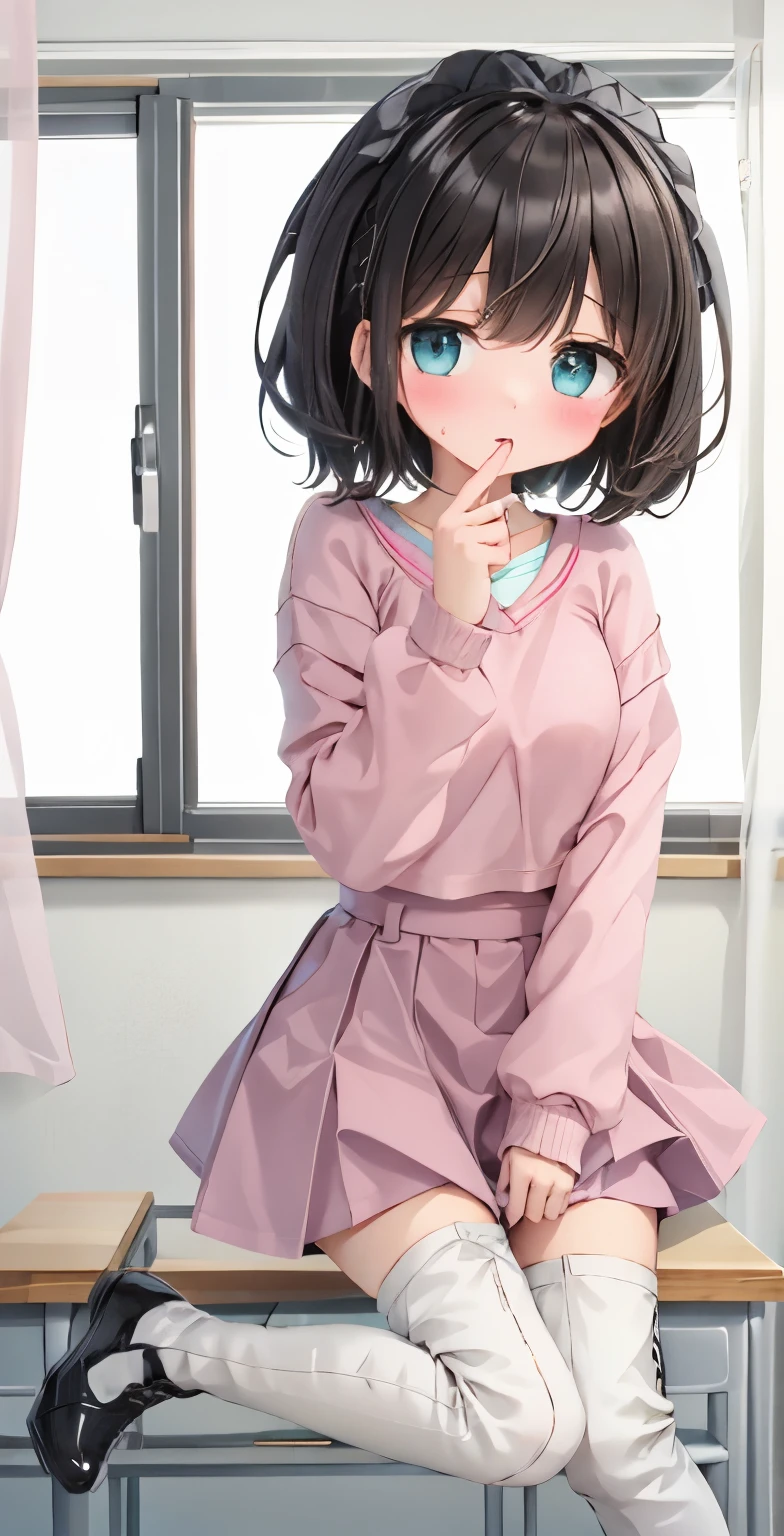 Girl with short dark hair，shy，blush，Turquoise sweatshirt，pink skirt，White knee socks，black boots，classroom scene，for the audience，stand