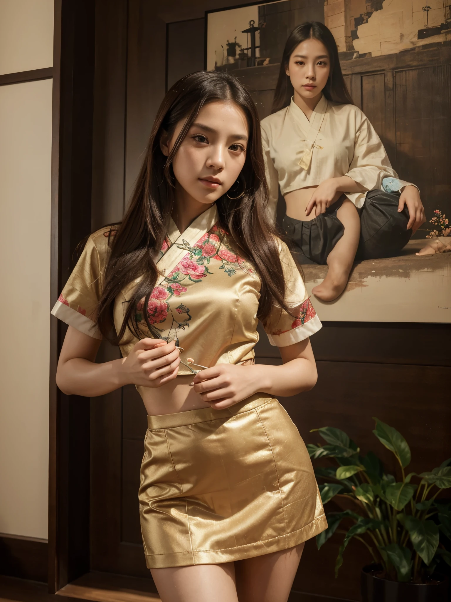 (best quality,4k,8k,highres,masterpiece:1.2),ultra-detailed,(realistic,photorealistic,photo-realistic:1.37),portrait of Jisoo from Blackpink, a woman in a short skirt and top posing for a picture. Jisoo is the main focus of the artwork, capturing her beauty and confidence. Her eyes are beautifully detailed, and her lips are full and captivating. The entire composition should reflect a realistic and immersive experience. The medium used for this artwork is a combination of traditional oil painting and digital rendering techniques. The details of the painting should be extremely intricate, with each stroke and color carefully crafted. The colors used should be vibrant and vivid, reflecting Jisoo's vibrant personality. The lighting should enhance her features and create a warm and inviting atmosphere. The background should be simple and elegant, allowing Jisoo to stand out. The overall style should be inspired by the works of Huang Ji and Ruan Jia, known for their stunning portraits and attention to detail. Additionally, the artwork should take inspiration from the traditional Chinese clothing and the concept of xianxia, combining the elements of ancient and modern aesthetics.