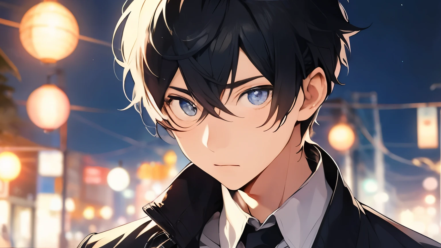 25 year old male、hair is black、short hair、サラリーマン25 year old male、suit、close up of face、night