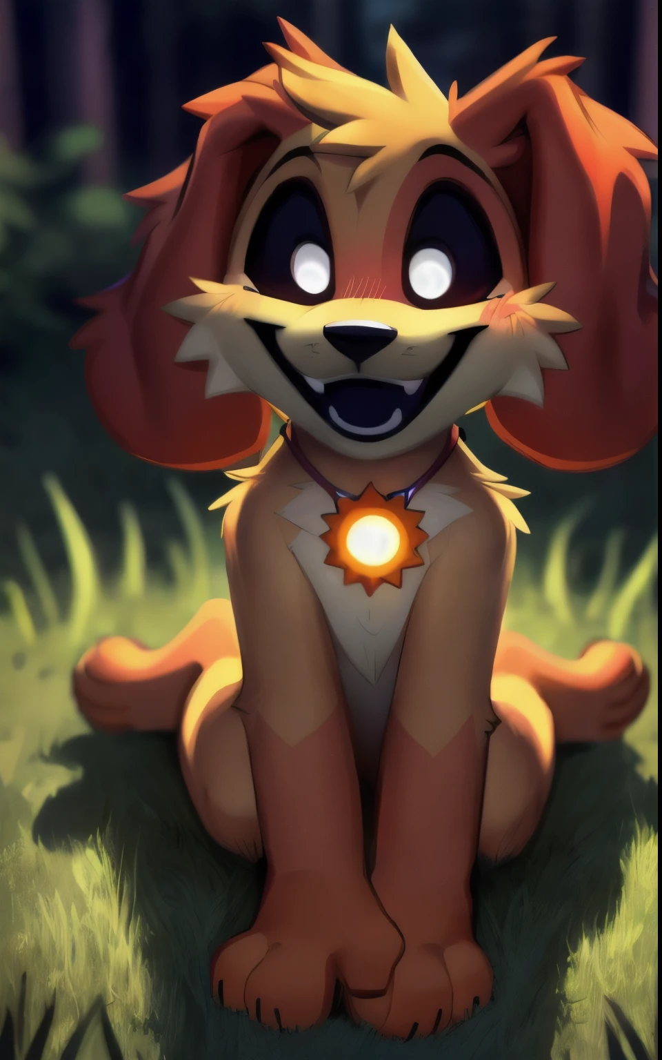 ([by Dacad, by Zackary911, By braeburned, by ruedeath, by jinxit]), Cartoon art style, sketch, 
(Dogday, male, (necklace with sun-shaped pendant), ((black eyes with white pupils, black mouth)), smile, blush), cartoon character, 
(sitting on grass, hands on floor, looking at viewer, smile, happy, half body),
BREAK,
(forest background),
(detailed background, depth of field, shadow, moonlight, Nightlight, night), three quarter view, high angle view
masterpiece, best quality, 4k, 2k, (high detail, flat color:1.25), absurd res, realistic fur