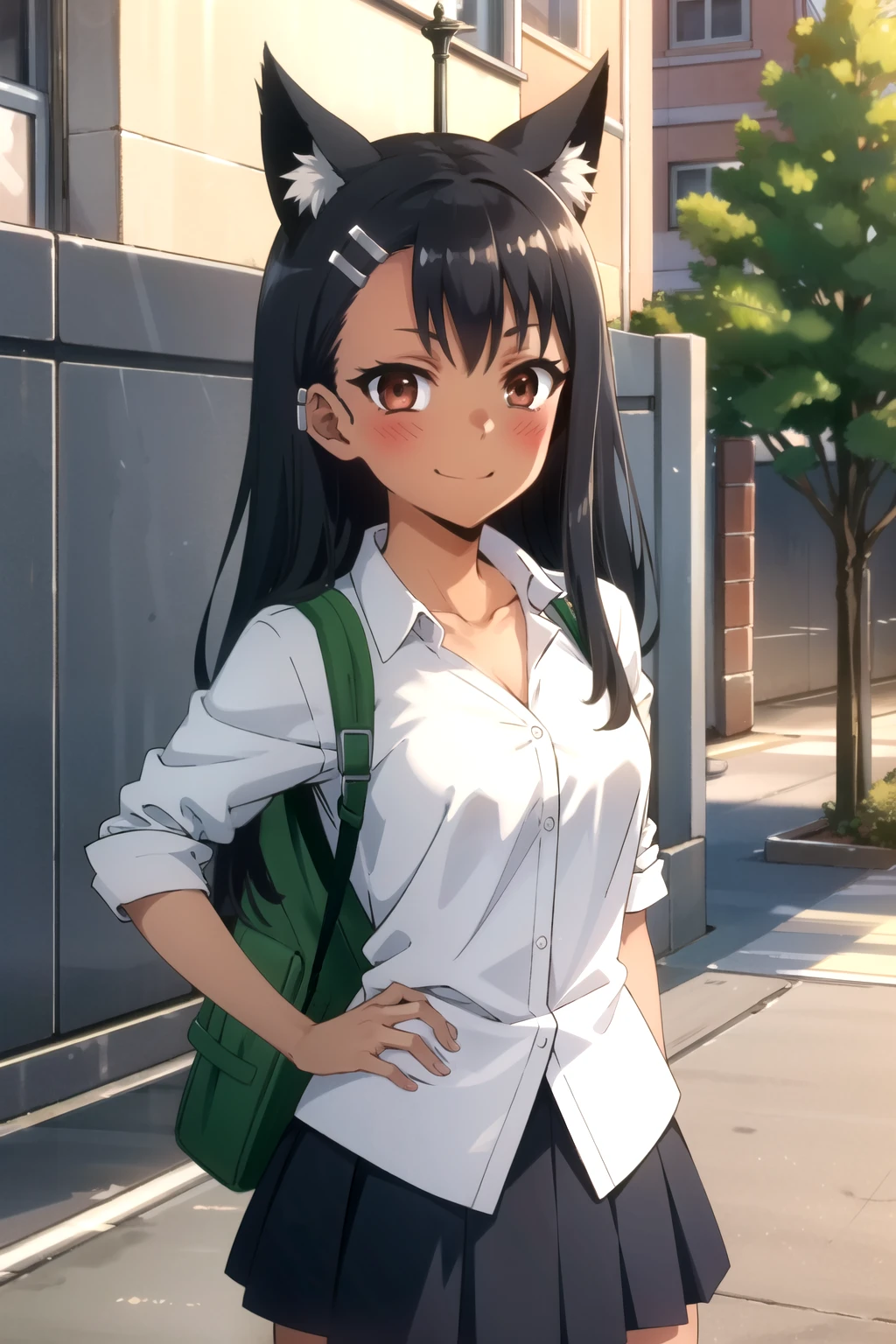 tall body, tall, long legs, mature female, mature, adult, Eft_Nagatoro_Main, nagatoro hayase, 1girl, blush, solo, shirt, black hair, bag, brown eyes, hair ornament, looking at viewer, hairclip, outdoors, backpack, smile, long hair, white shirt, dark-skinned female, dark skin, , bangs, day, skirt, collared shirt, collarbone, earclip, sleeves rolled up, closed mouth, tree, asymmetrical bangs, upper body,show tits