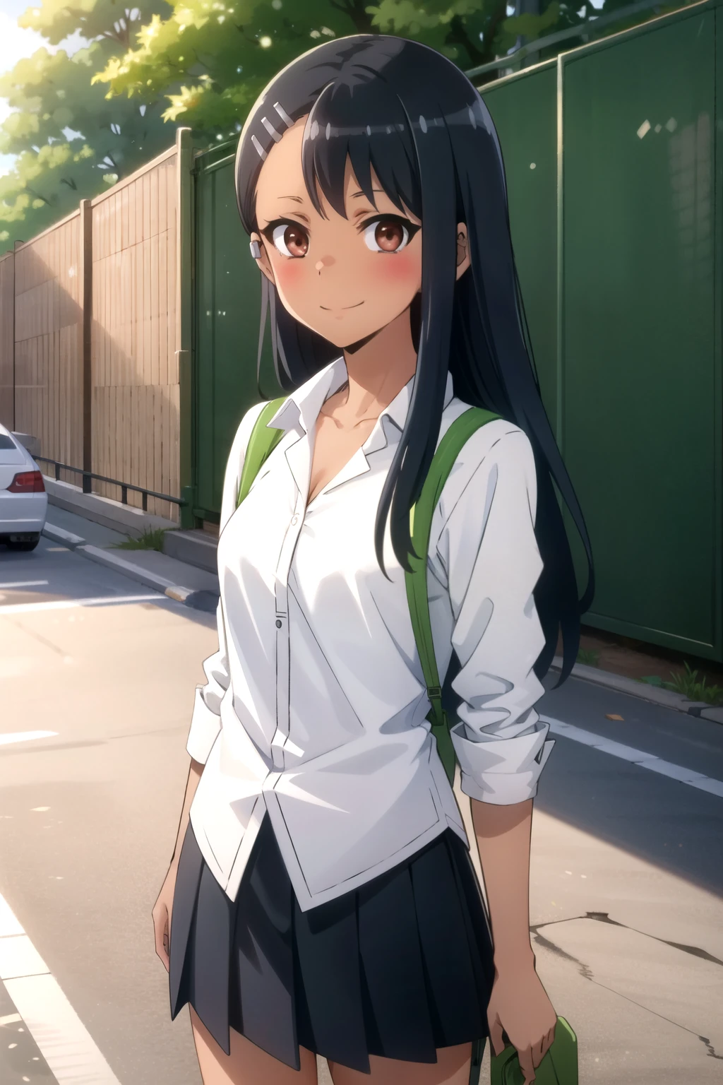 tall body, tall, long legs, mature female, mature, adult, Eft_Nagatoro_Main, nagatoro hayase, 1girl, blush, solo, shirt, black hair, bag, brown eyes, hair ornament, looking at viewer, hairclip, outdoors, backpack, smile, long hair, white shirt, dark-skinned female, dark skin, , bangs, day, skirt, collared shirt, collarbone, earclip, sleeves rolled up, closed mouth, tree, asymmetrical bangs, upper body,show tits