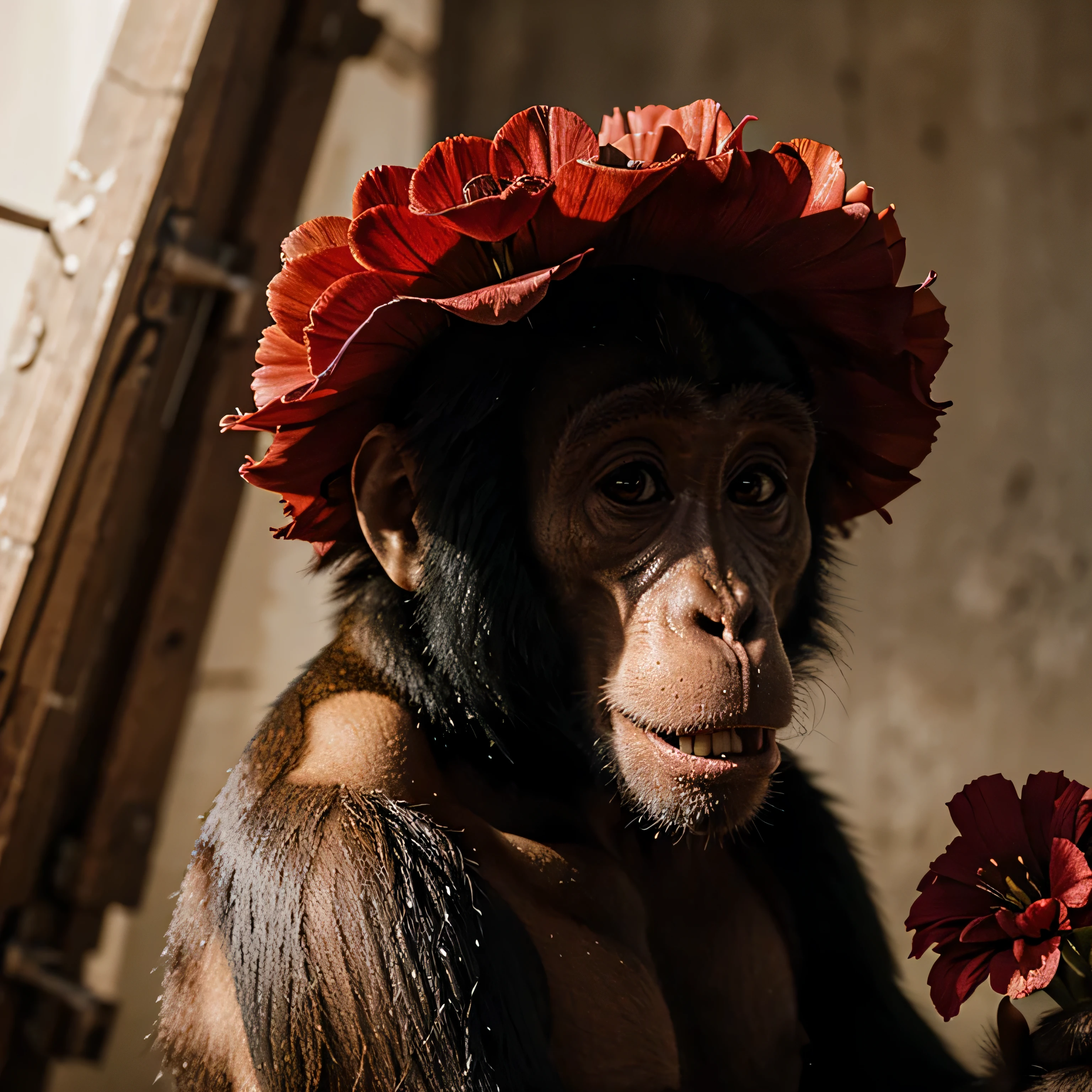 a monkey eats a red flower
