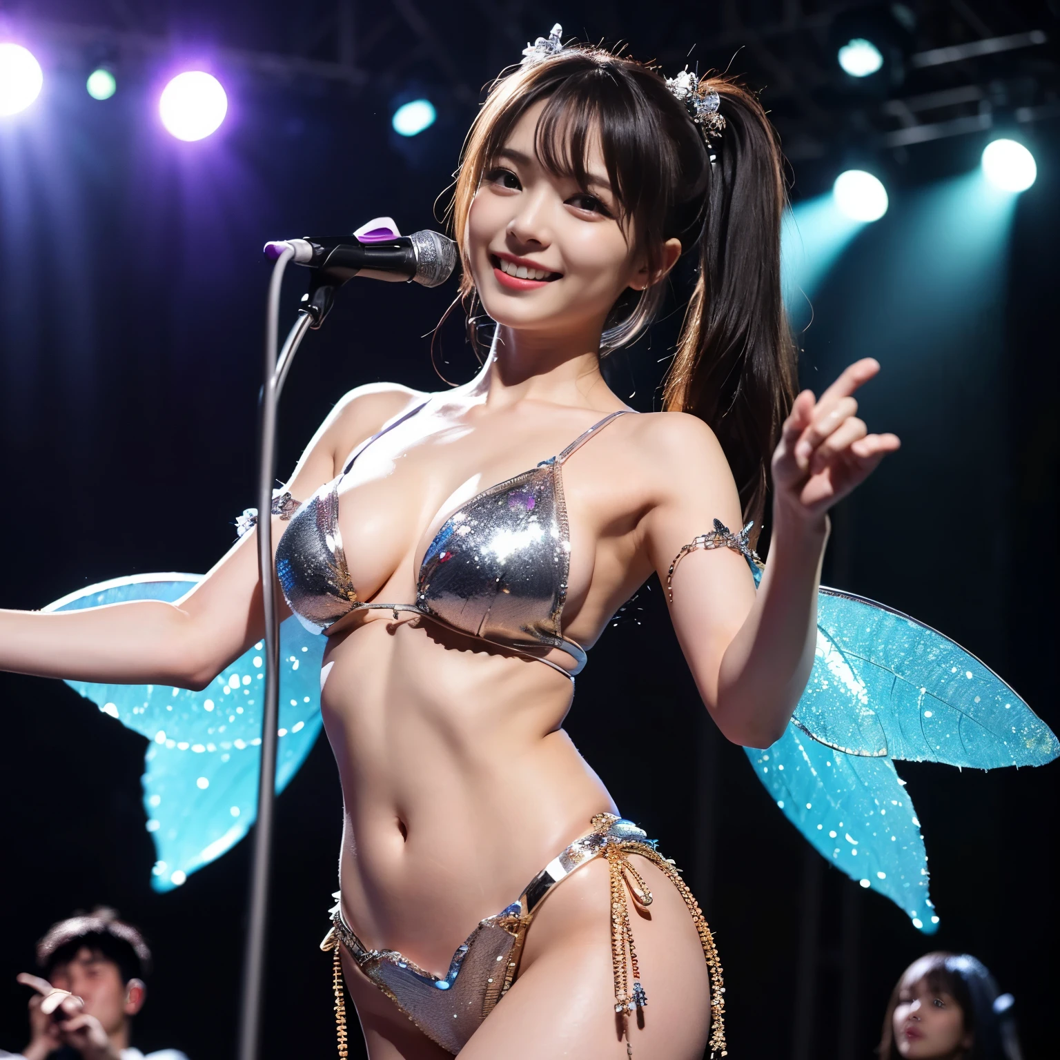 ((masterpiece、highest quality))、shape、Ultra-detailed 8K、realistic、sharp focus、very detailed、professional lighting、colorful details、detailed face、detailed expression、excited look、A young and beautiful Japanese woman is in front of the audience.、((correct anatomy 1.5))、((please open your mouth))、((sweating))、((Fairy costume play:1.5)、Part of an idol group、(dancing at a concert:1.5)、twin tails、Hair is moving、looking at camera、Spotlight、18-year-old、shine、intricate details、Shitsumeka、belly button、smile