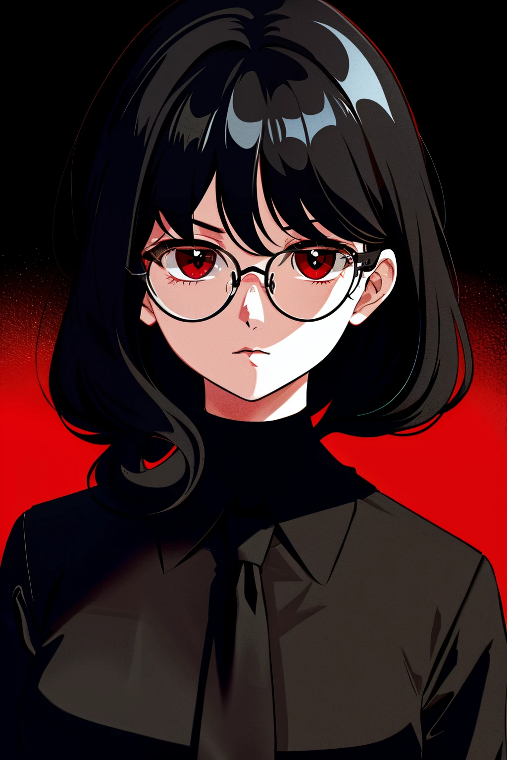 a 1girl, body complet, very detail, a lot of details, very extremely beautiful,  ((masterpiece, minimalism)), (long black Hair), black necktie, (red shirt), Dark colors, looks into space, ((glasses))