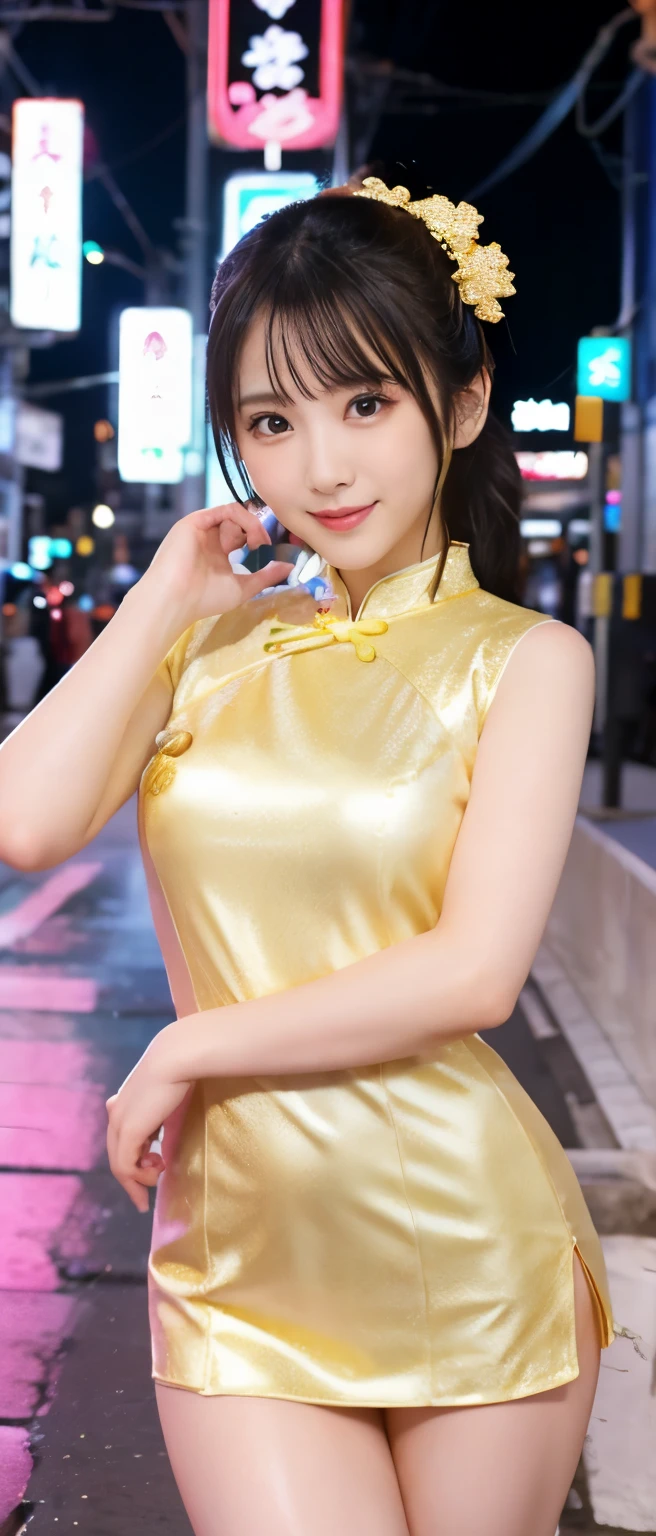 cute kung fu idol、whole body、good style、、、white and gold mini cheongsam、、、Neon Cyber City