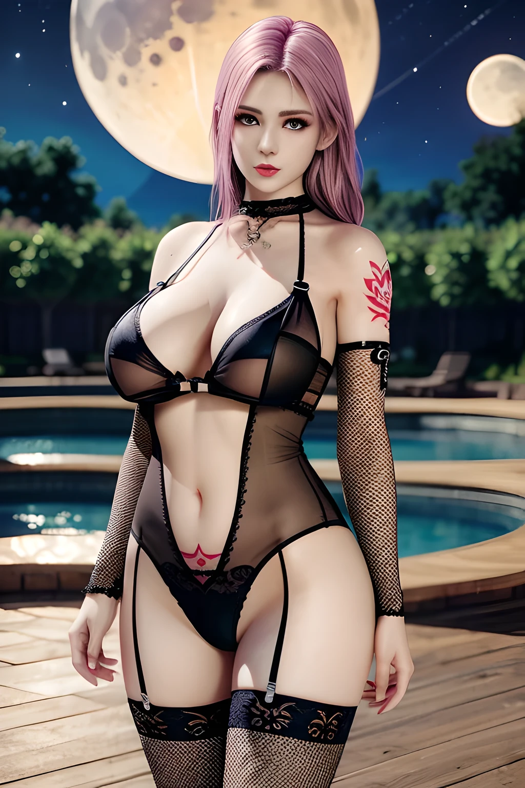 1 girl,standing posture,halter neck, bare shoulders, pantyhose, bodysuit,( see-through:1.2),lingerie, fishnets, outdoor,elegant,nighttime,moonlighe,shiny skin,( huge breasts), red lips,( tattoos:1.3), masterpiece, best quality, realistic ,Rich artistic colors, 8K,soft shadows,Portrait art,solo,  elise,