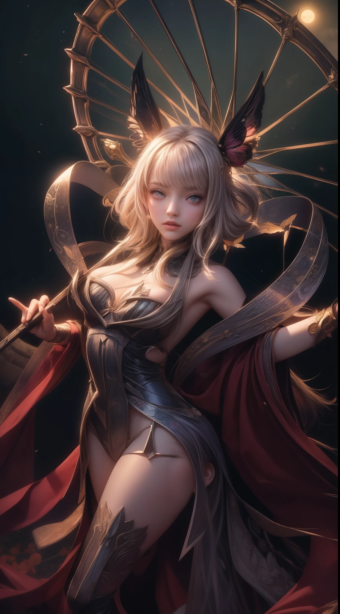 A girl in a garden,medium:anime,detailed eyes,detailed lips,extremely detailed eyes and face,longeyelashes,2girls,illustration,ultra-detailed,best quality,photorealistic,vivid colors,floral scenery,butterflies,moonlight.