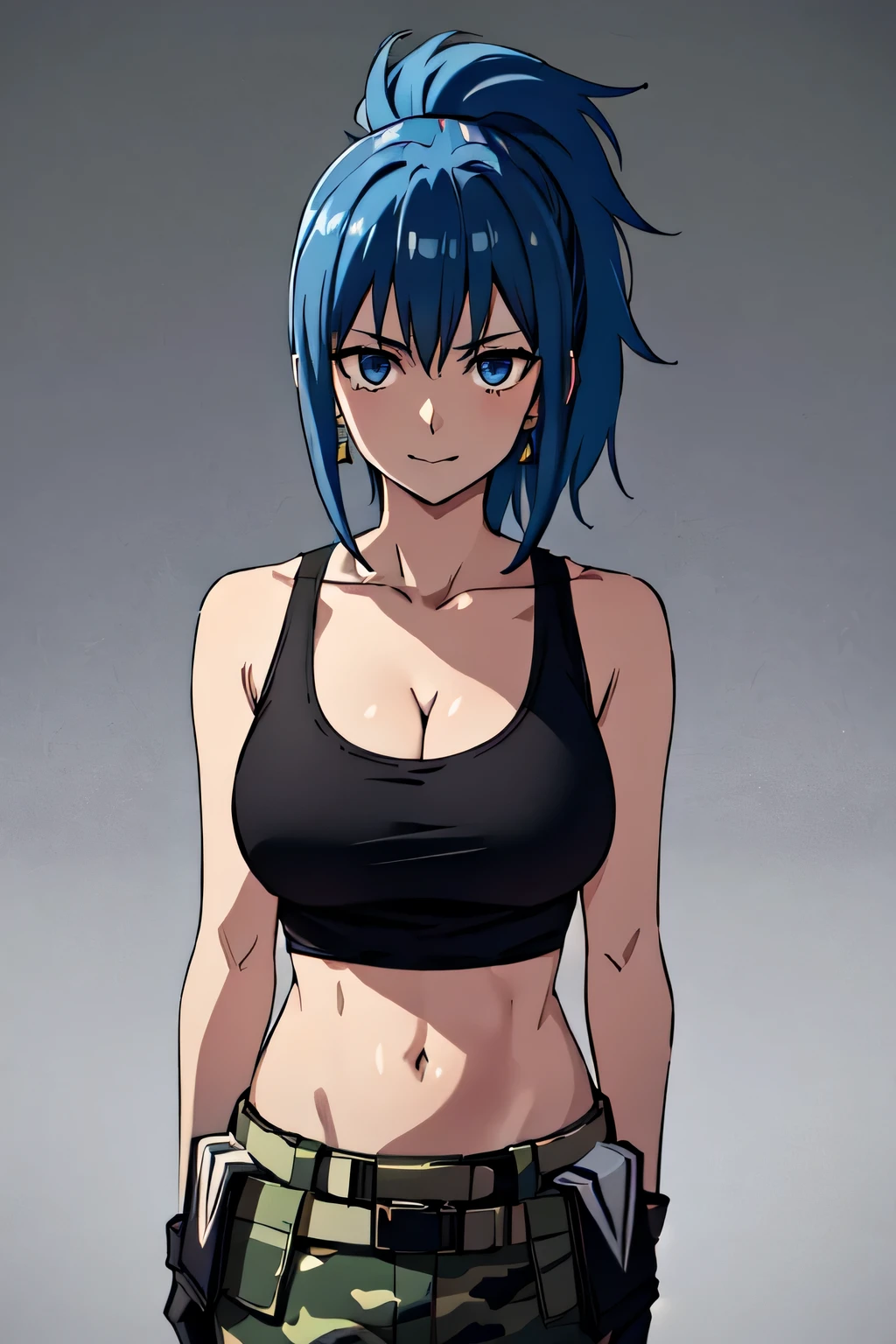 LEONA HEIDERN, BLUE EYES, BLUE HAIR, PONYTAIL, TANK TOP, CAMOUFLAGE PANTS, JEWELRY, CLEAVAGE, CAMOUFLAGE, BARE SHOULDERS, LARGE BREASTS, CROP TOP, POUCH, BANGS, BELT, EARRINGS, SLEEVELESS, MIDRIFF, LONG HAIR, TRIANGLE EARRINGS, BLACK GLOVES, 1girl, solo, upper body, facing viewer, (looking at viewer:1.5), in the center, smile
