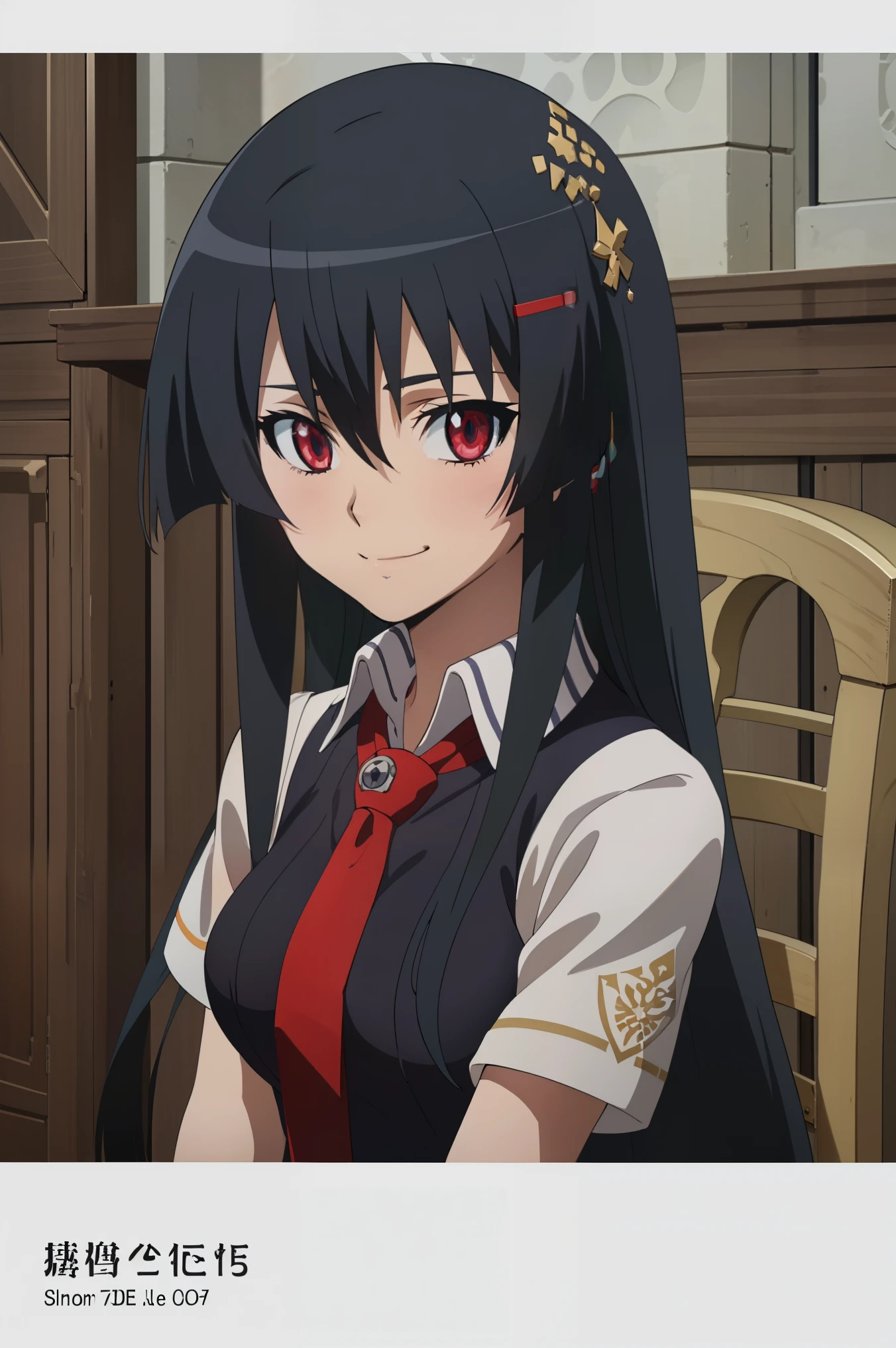 score_8_up, score_7_up, source_anime, Akame, 1girl, solo, black hair, long hair, (glowing red eyes:1.2),
BREAK (brown vest, shirt, hair ornament, , white shirt, short sleeves, necktie, scrunchie, red necktie, hair scrunchie:1.2),
BREAK full-length portrait,full entire body,arms behind back,cute smile,Front view,
BREAK (masterpiece:1.2), best quality, high resolution, unity 8k wallpaper, (illustration:0.8), (beautiful detailed eyes:1.6), extremely detailed face, perfect lighting, extremely detailed CG, (perfect hands, perfect anatomy),perfect face,