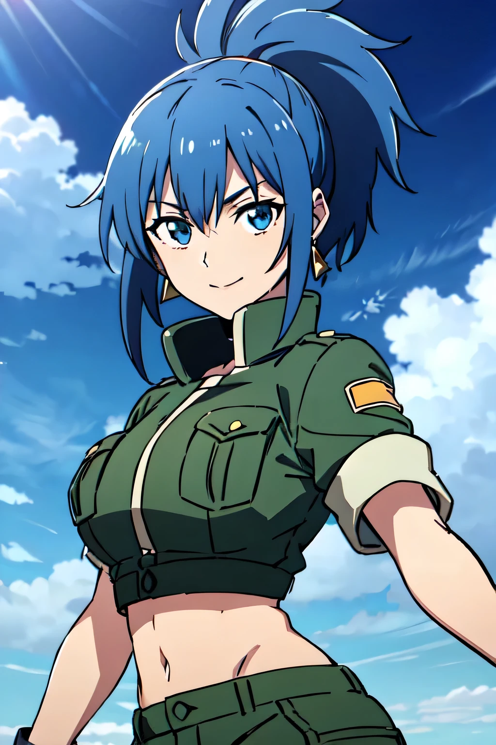 LEONA HEIDERN, BLUE HAIR, BLUE EYES, PONYTAIL, GREEN SHORTS, MIDRIFF, CROP TOP, BLACK GLOVES, BREASTS, MILITARY UNIFORM, GREEN JACKET, EARRINGS, JEWELRY, NAVEL, LARGE BREASTS, 1girl, solo, upper body, facing viewer, (looking at viewer:1.5), in the center, smile
