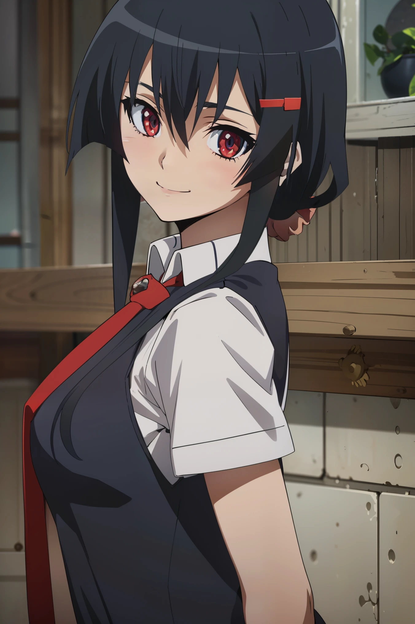 score_8_up, score_7_up, source_anime, Akame, 1girl, solo, black hair, long hair, (glowing red eyes:1.2),
BREAK (brown vest, shirt, hair ornament, , white shirt, short sleeves, necktie, scrunchie, red necktie, hair scrunchie:1.2),
BREAK full-length portrait,full entire body,arms behind back,cute smile,Front view,
BREAK (masterpiece:1.2), best quality, high resolution, unity 8k wallpaper, (illustration:0.8), (beautiful detailed eyes:1.6), extremely detailed face, perfect lighting, extremely detailed CG, (perfect hands, perfect anatomy),perfect face,