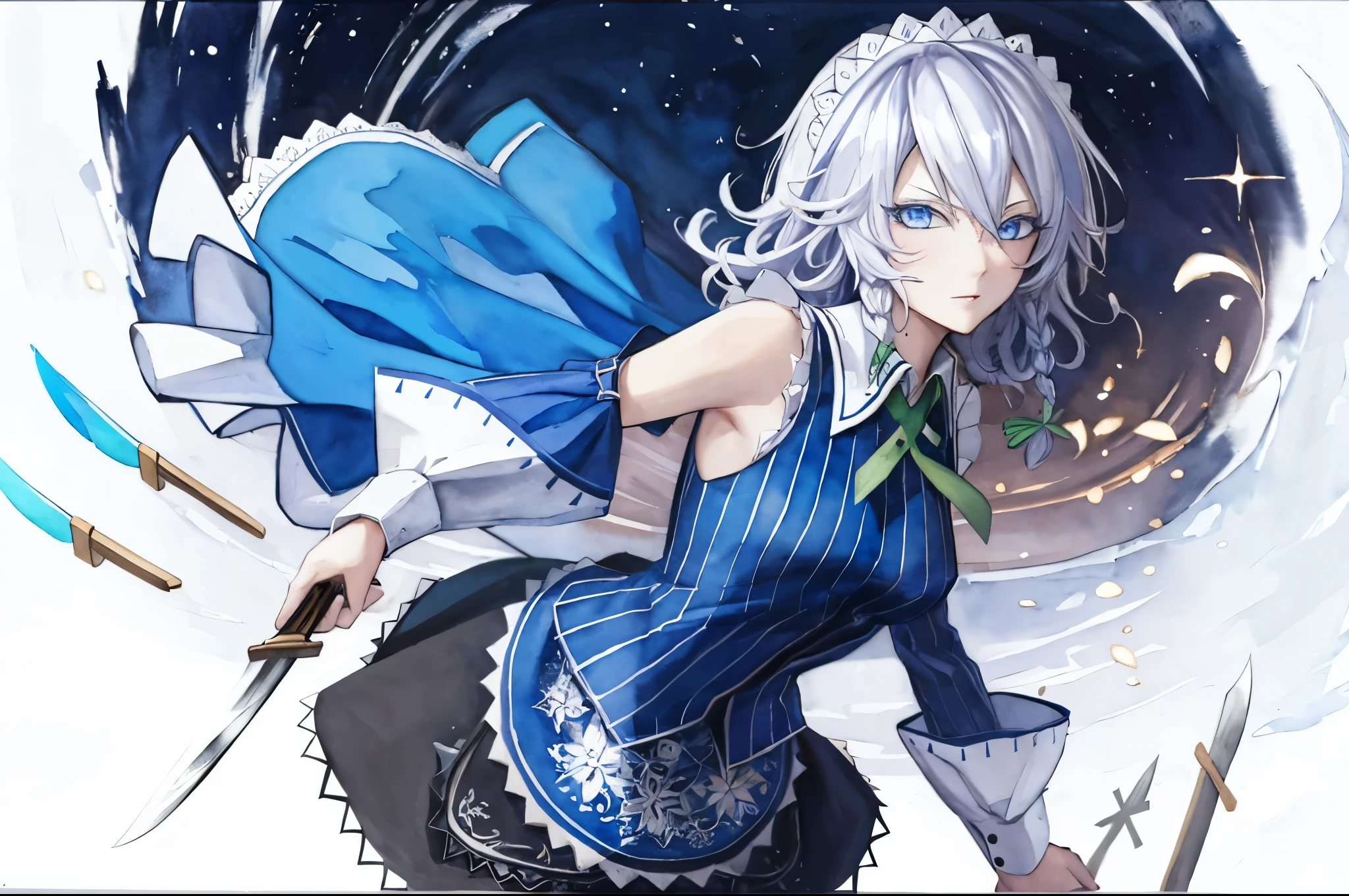 1girl, solo, Paintings, Top  Quality, (watercolor), (Partially painted:1.1) On a white background, colourful colors,  sakuya izayoi, silver hair, maid dress, white apron, very short skirt, sexy pose, flying knive, holding knife, sleeveless outfit, detailed face, detailed eyes, fresh blue eyes, big green ribbons, blue outfit, small-to-medium breasts