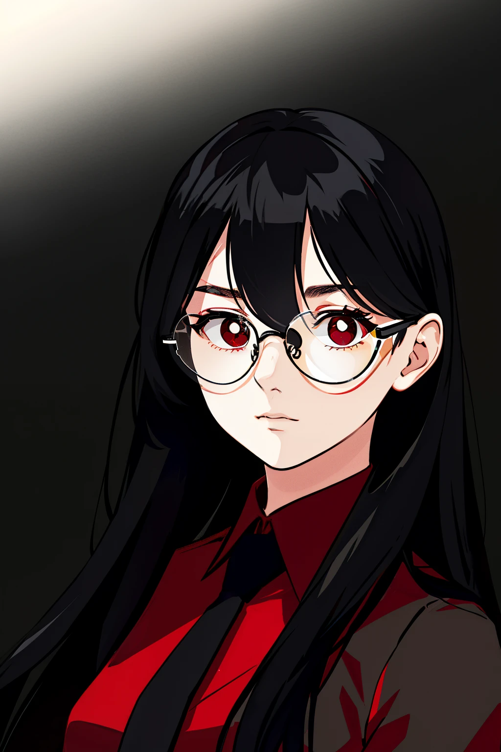 a 1girl, body complet, very detail, a lot of details, very extremely beautiful, ((masterpiece, minimalism)), (long black Hair), black necktie, (red shirt), Dark colors, looks into space, ((glasses))