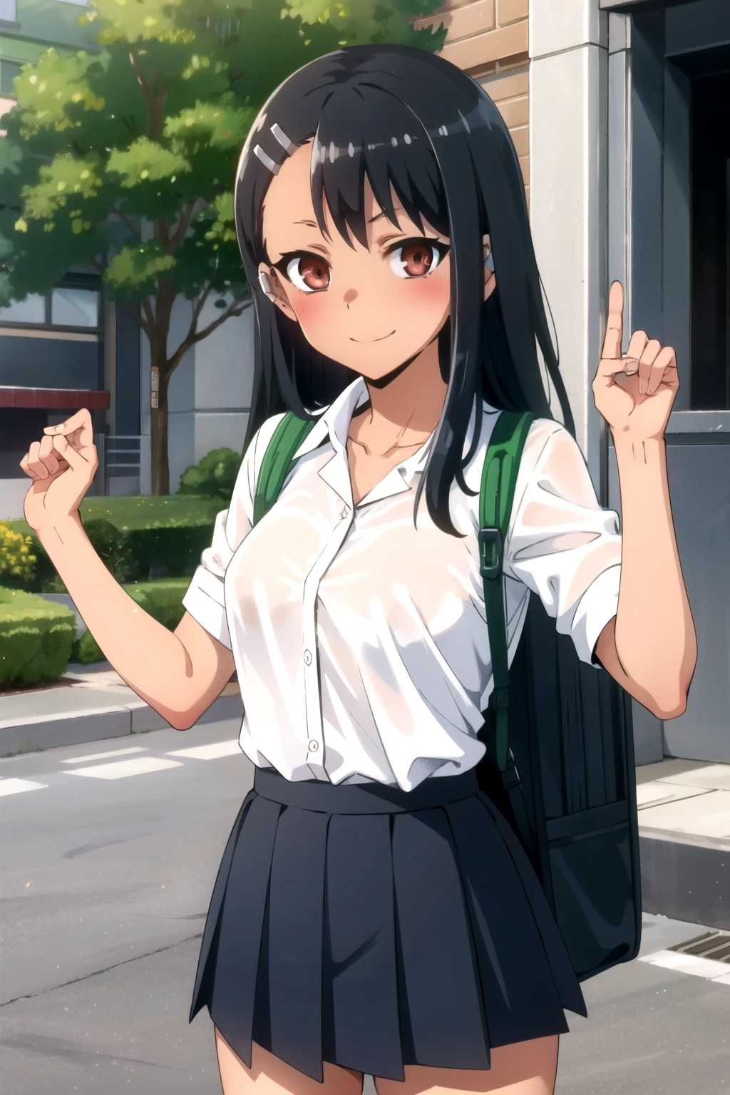 tall body, tall, long legs, mature female, mature, adult, Eft_Nagatoro_Main, nagatoro hayase, 1girl, blush, solo, shirt, black hair, bag, brown eyes, hair ornament, looking at viewer, hairclip, outdoors, backpack, smile, long hair, white shirt, dark-skinned female, dark skin, , bangs, day, skirt, collared shirt, collarbone, earclip, sleeves rolled up, closed mouth, tree, asymmetrical bangs, upper body,show tits