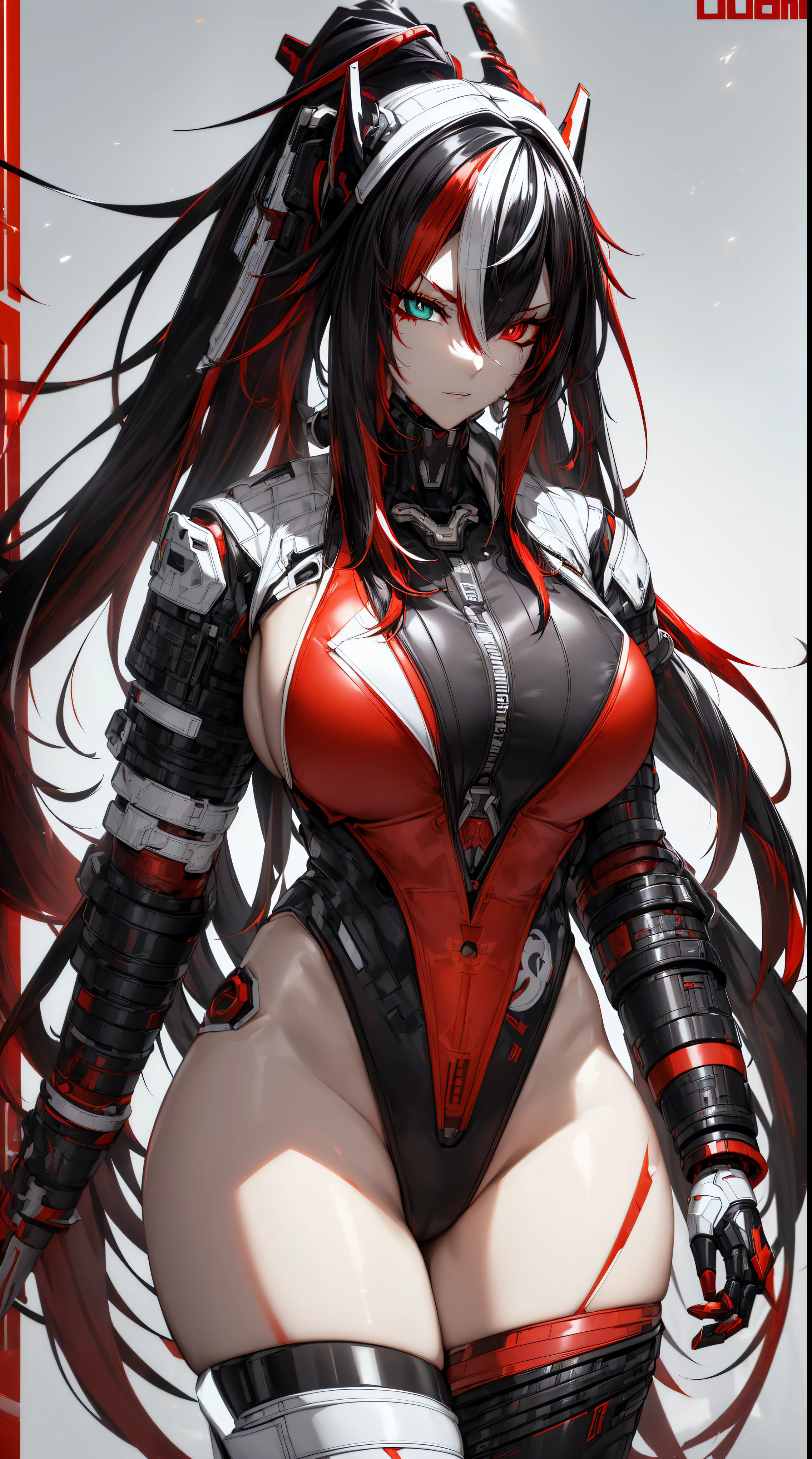 (best quality, masterpiece, anime) (solo) ((black hair:1.8), (hair with red highlights:1.7), (very long hair, single ponytail)), ((heterochromia_eyes_red_and_grey:1.4)), thick thighs, huge breasts, muscular, athletic, (cyborg:1.5), (robot arms:1.4), (robot legs:1.4), ((highcut leotard:1.8), one-piece, red_black_outift:1.3,) cleavage)), (jacket:1.5), (headgear, horn-like devices), toned body, 1 woman, (age 26), ((holding sword:1.6, katana, glowing)), beautiful, sexy, first rate body, (Lucia_Crimson_Weave:1.4), Lucia, Samurai, Cybernetic, mecha musume, mechanical parts,