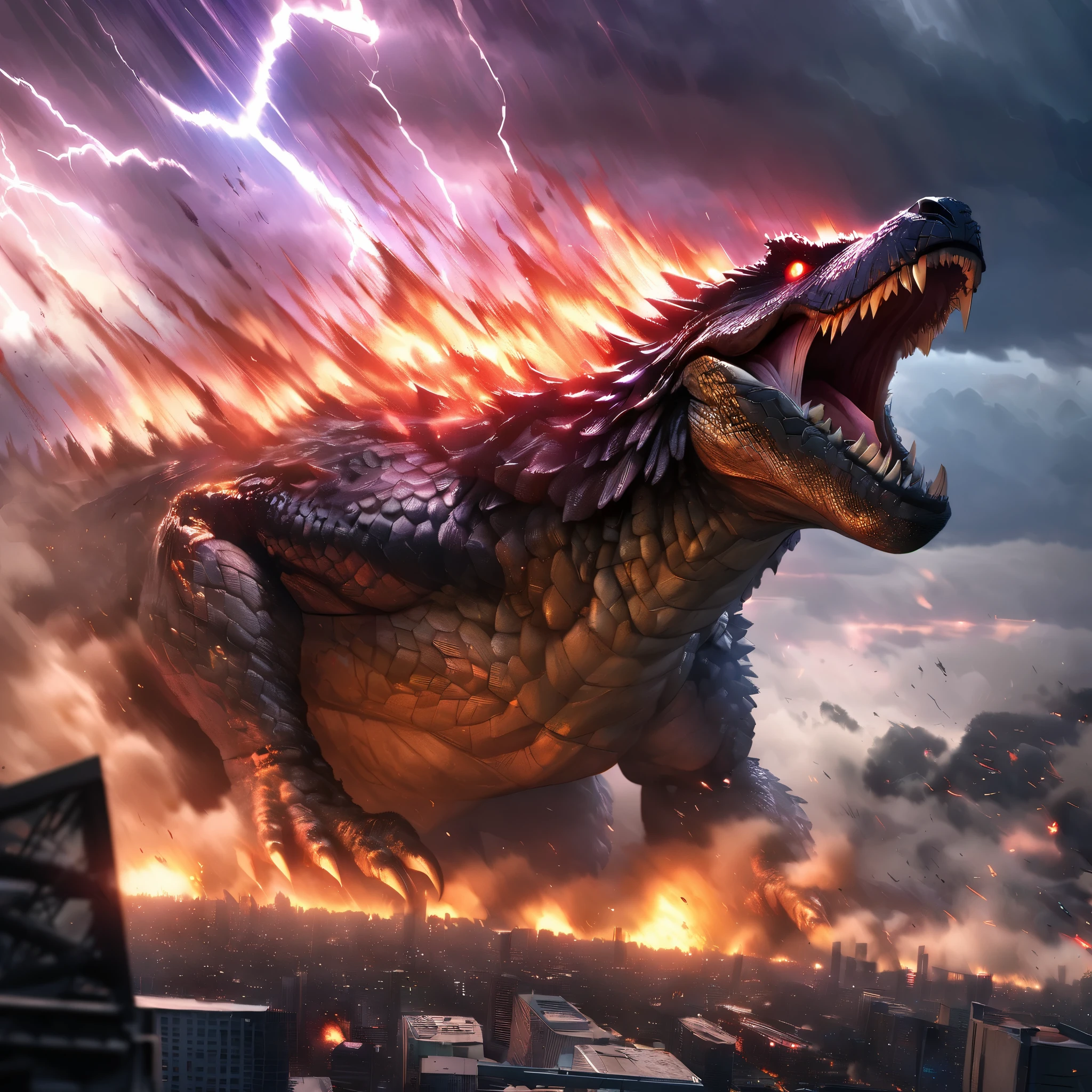 Godzilla rampaging through a city, ancient creature, destructive, thunderstorm, thick smoke, disaster scene, massive size, immense power, fear-inducing, detailed scales, realistic lighting, cinematic quality, HDR, ultra-detailed, studio lighting, professional, vibrant colors, detailed cityscape, dramatic sky, dynamic composition, epic proportions.