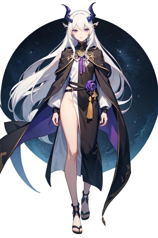 ((best quality)), ((mastanime character dressed in black and purple with white hair and horns, anime character; (((full body art))), Anime full body illustration, White-haired Nuegami, beautiful male nue, Handsome man with dragon slayer art, ((wearing a noble's robes)), fox ears, tall anime man, ((have long white hair)), astral witch clothes, Stylish Dark Witch Piece)), (detailed), perfect face