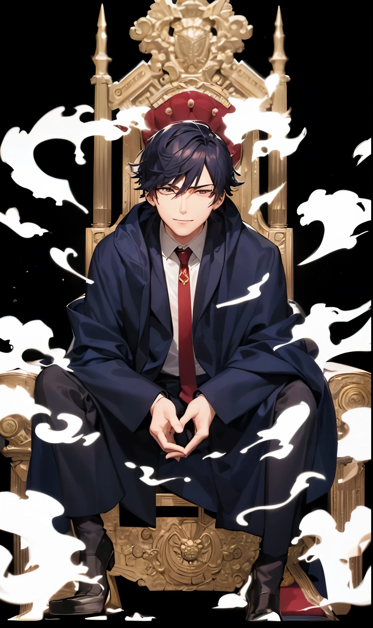 a handsome guy、serious expression、please close your mouth、cool and cool、navy robe and red tie、sit on a shining throne、Wearing brown leather shoeanly、Highly Detailed CG Unity 8K Wallpaper, (super masterpiece, beautiful person, well detailed face polluted smile, It's photorealistic, hyper realistic)cool and cool face